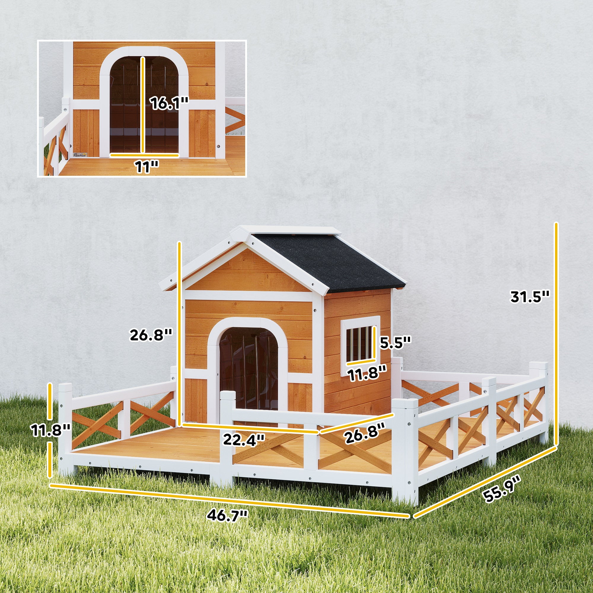 Outdoor Wooden Dog House, Dog Shelter with Large Porch, Weatherproof & Openable Roof, Elevated Base, Removable Floor - Orange - Image 3