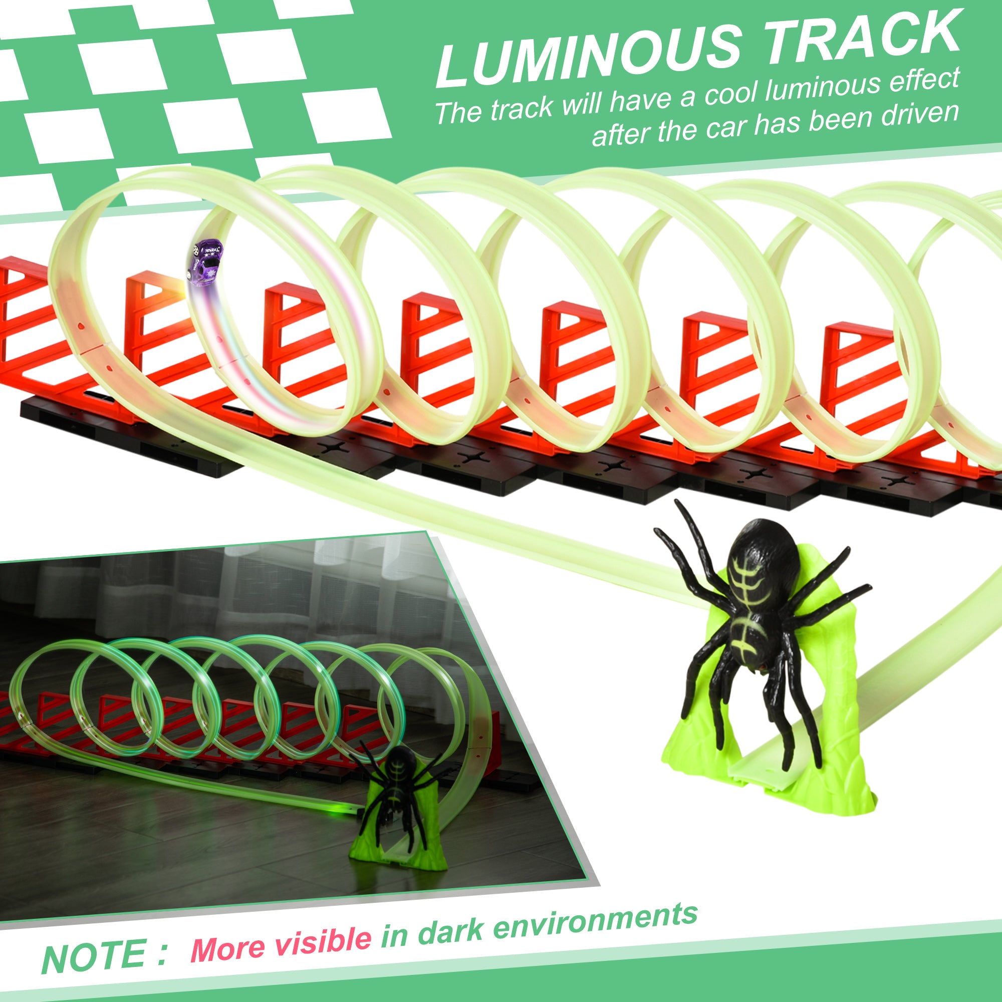 Track Builder Loop Kit Criss-Cross Glowing Race Track Toy Set Spooky Spider Fun Starter Kit, with Pull-back Car for Kids 3-6 years old, Lime Green