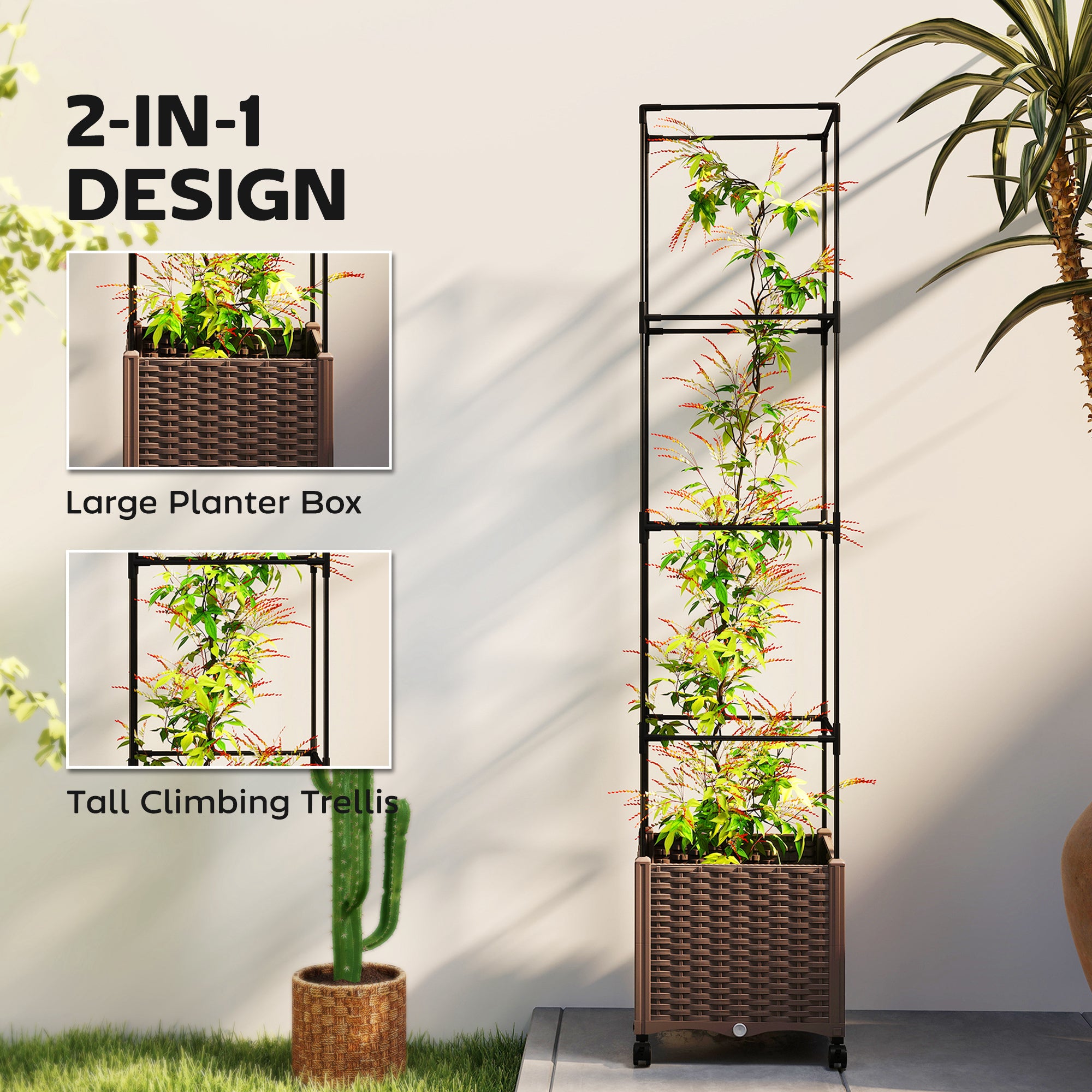 Raised Garden Bed with Trellis, Tomato Cage with Lockable Wheels, Self Watering Planter Box with Drainage Holes, Brown - Brown - Image 4