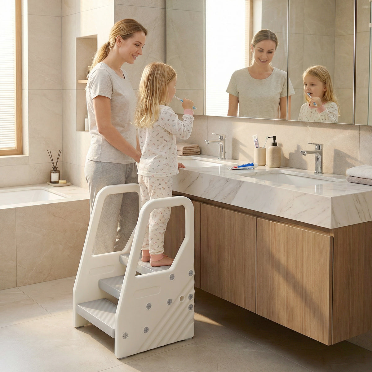 Qaba Adjustable 3 Step Toddler Tower with Handles, Non-slip Surface & Foot Pads, Gray