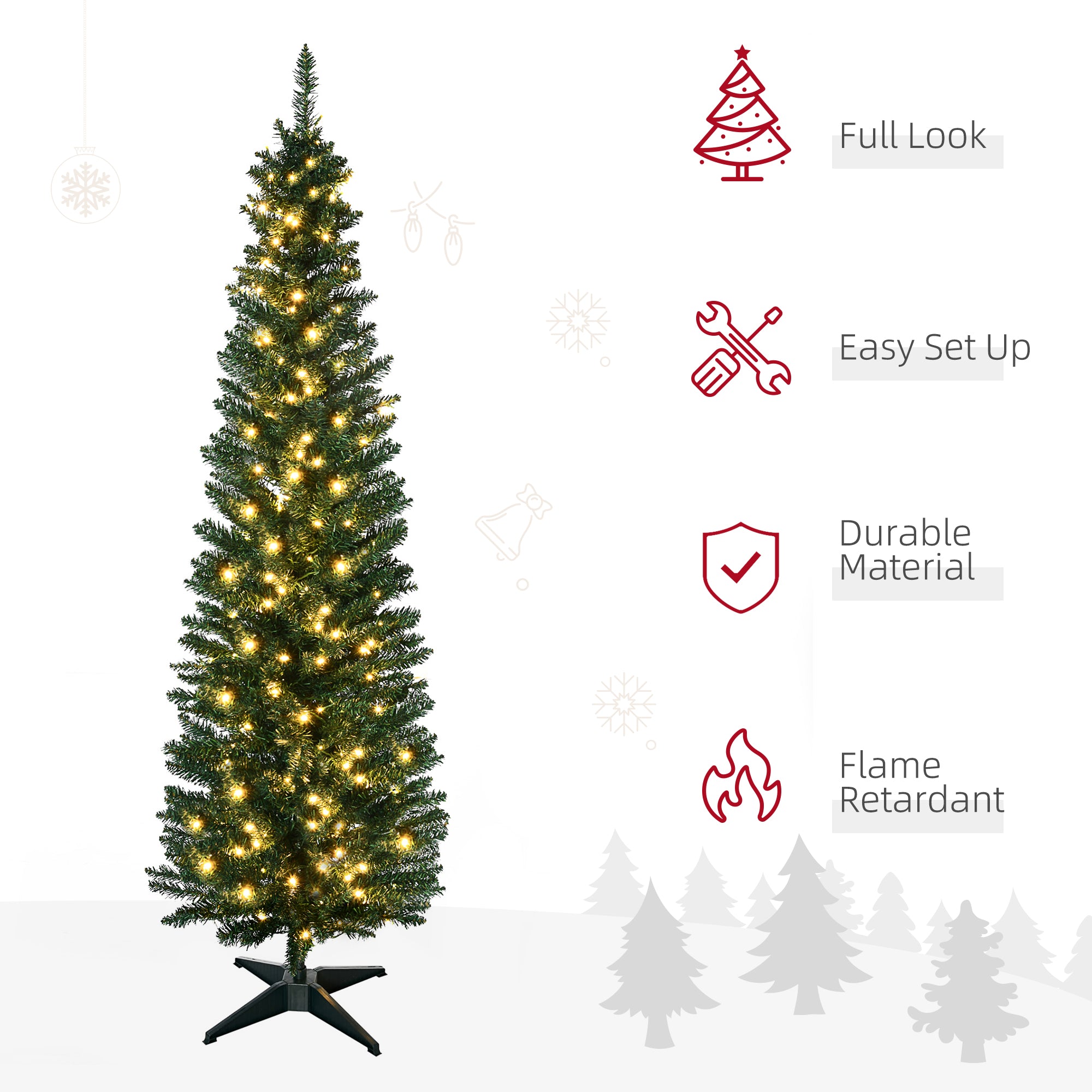 5' Tall Pre-Lit Slim Noble Fir Artificial Pencil Christmas Tree with Realistic Branches, 110 Warm White LED Lights and 294 Tips, Green