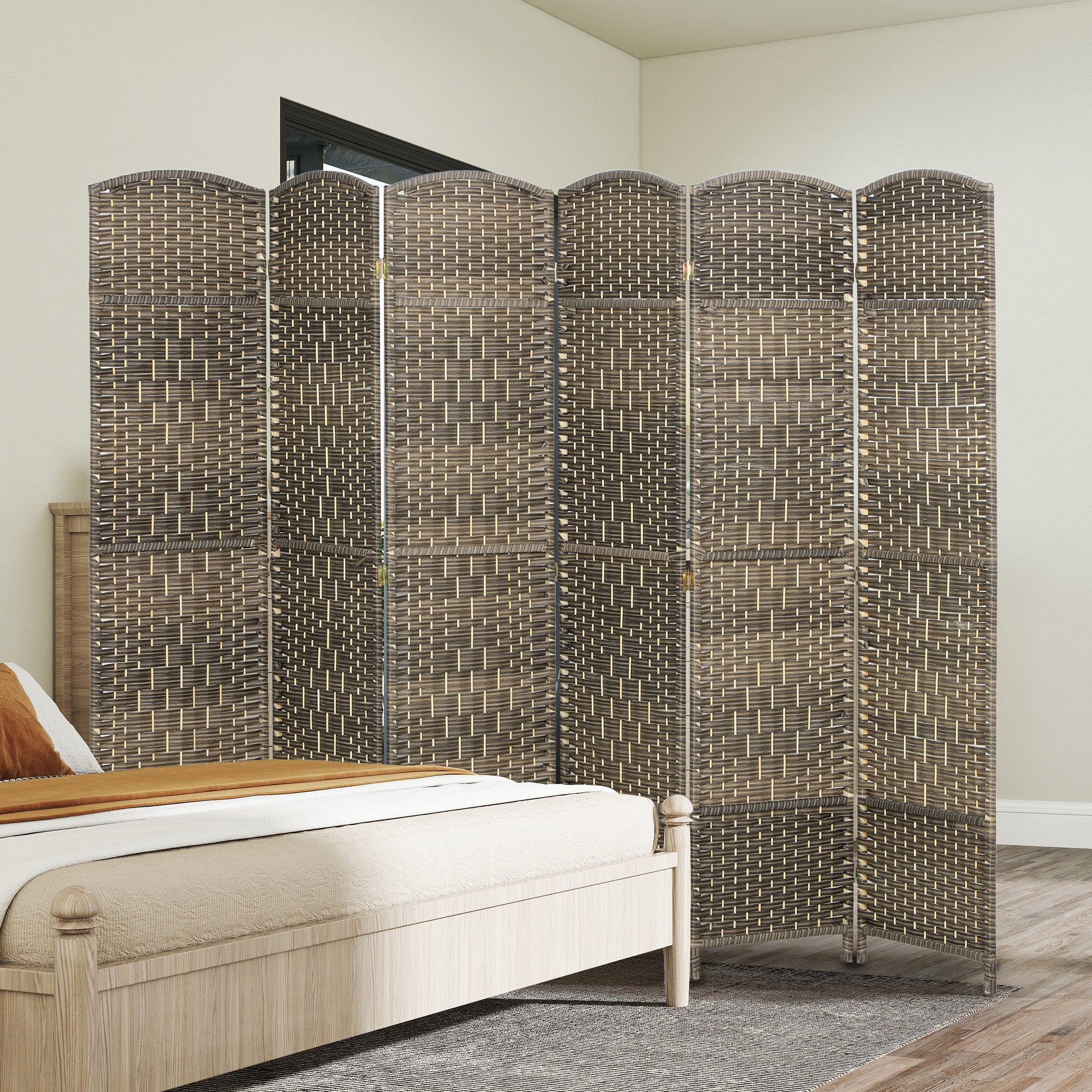 Folding Room Divider Screen 6 Panel 6' Tall Privacy Screen Freestanding Wood Partition for Home Office, Dark Rustic Oak