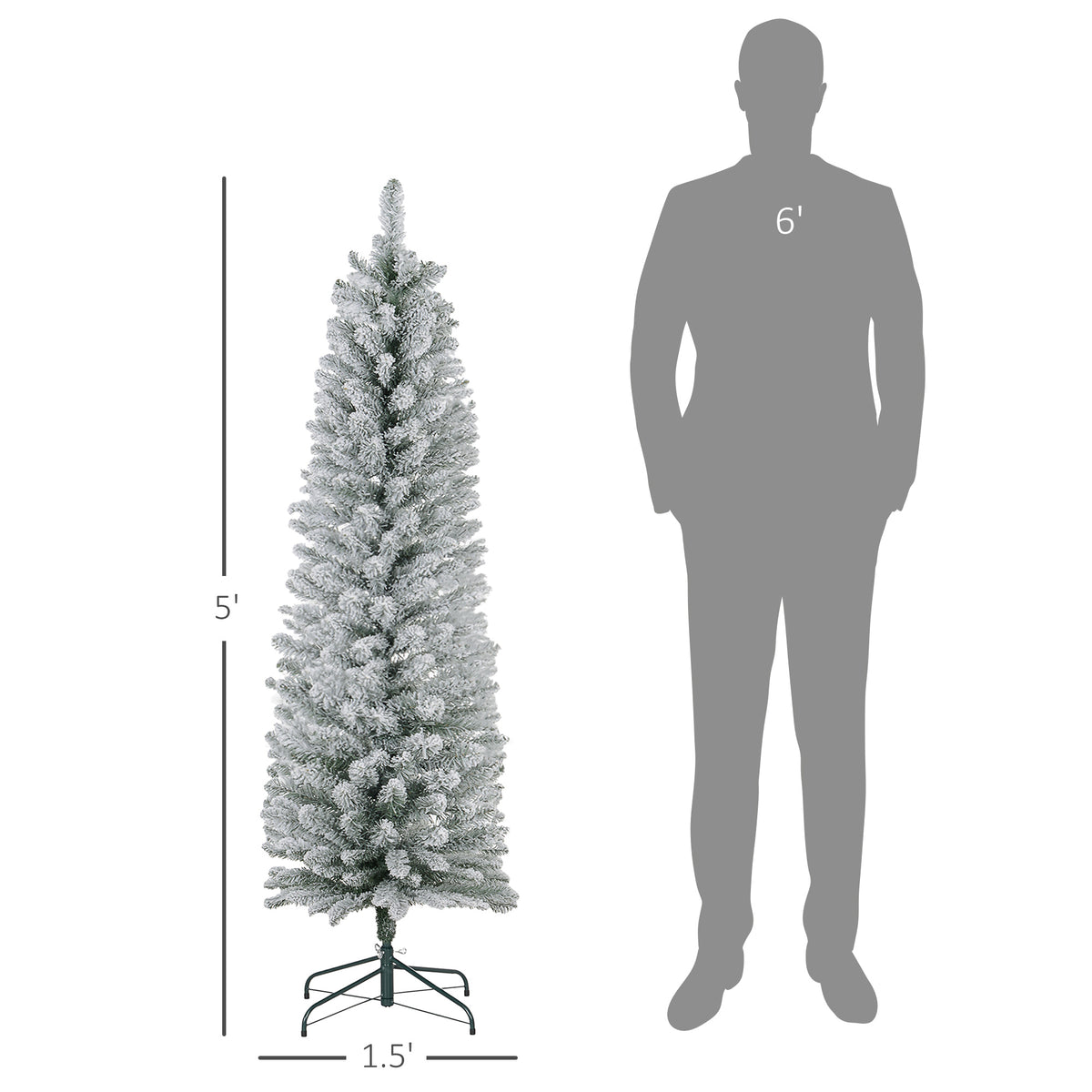 5ft Artificial Christmas Tree, Snow Flocked Branches, Metal Base, Pencil Xmas Tree