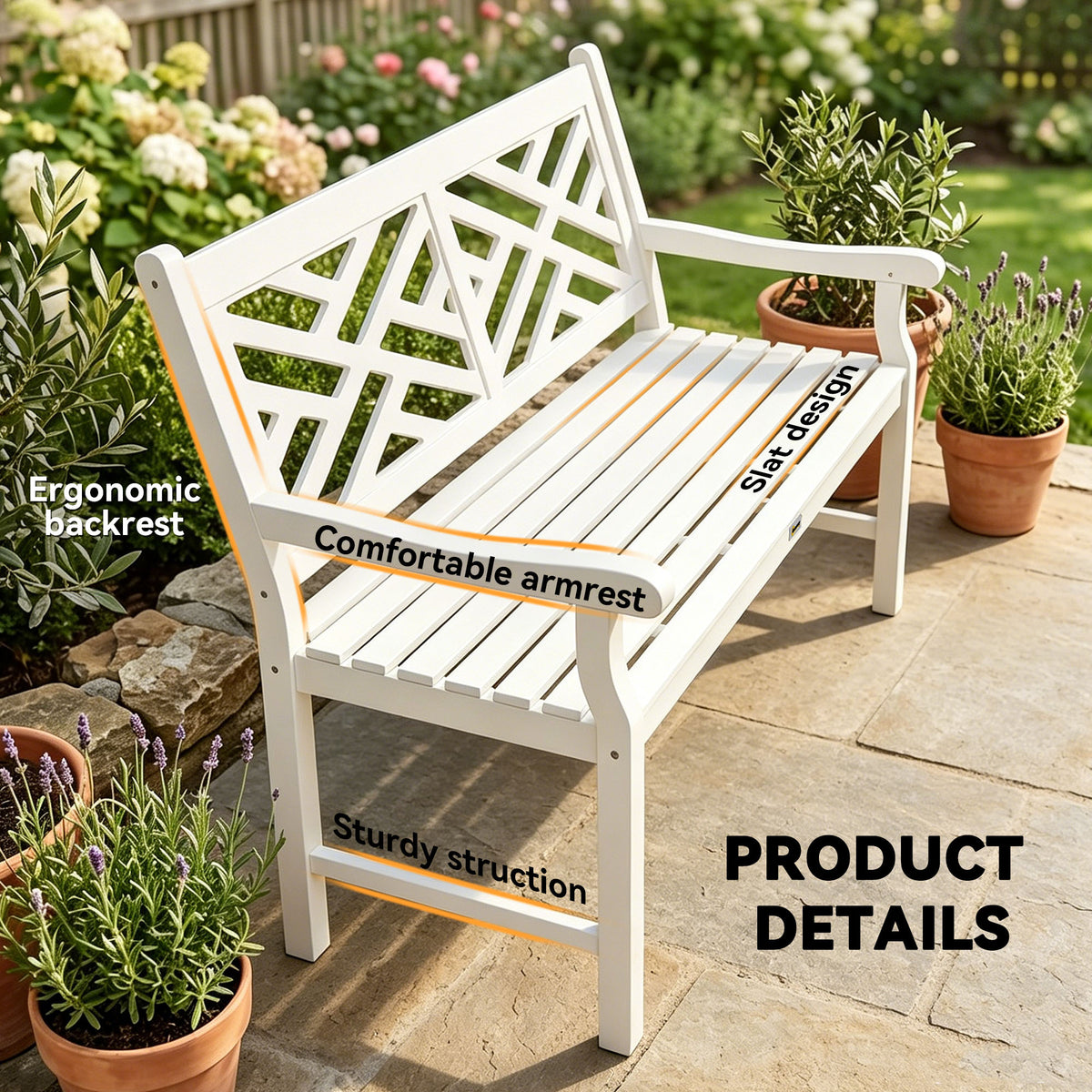 Outdoor Garden Bench, Wooden Frame Patio Bench with Geometric Pattern, 43.25 Inch Weatherproof 2-Person Love Seat for Garden, Lawn, Porch, Yard, Work Entryway, White