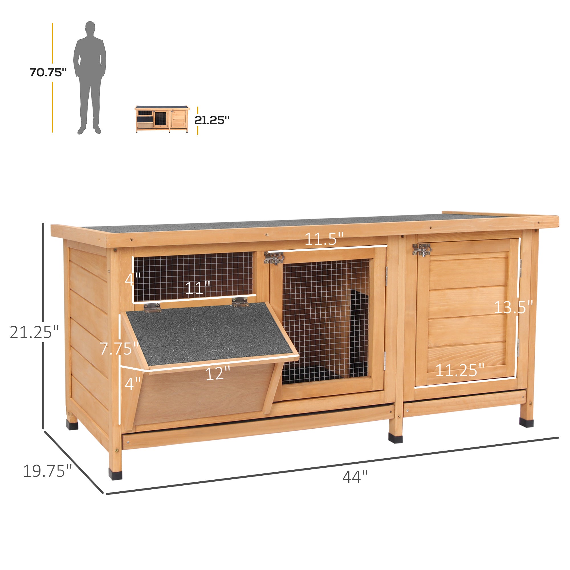 Large Bunny Hutch, Rabbit Cage with 2 Outside Areas and 1 Main House for Small Animals, Yellow - Yellow - Image 3