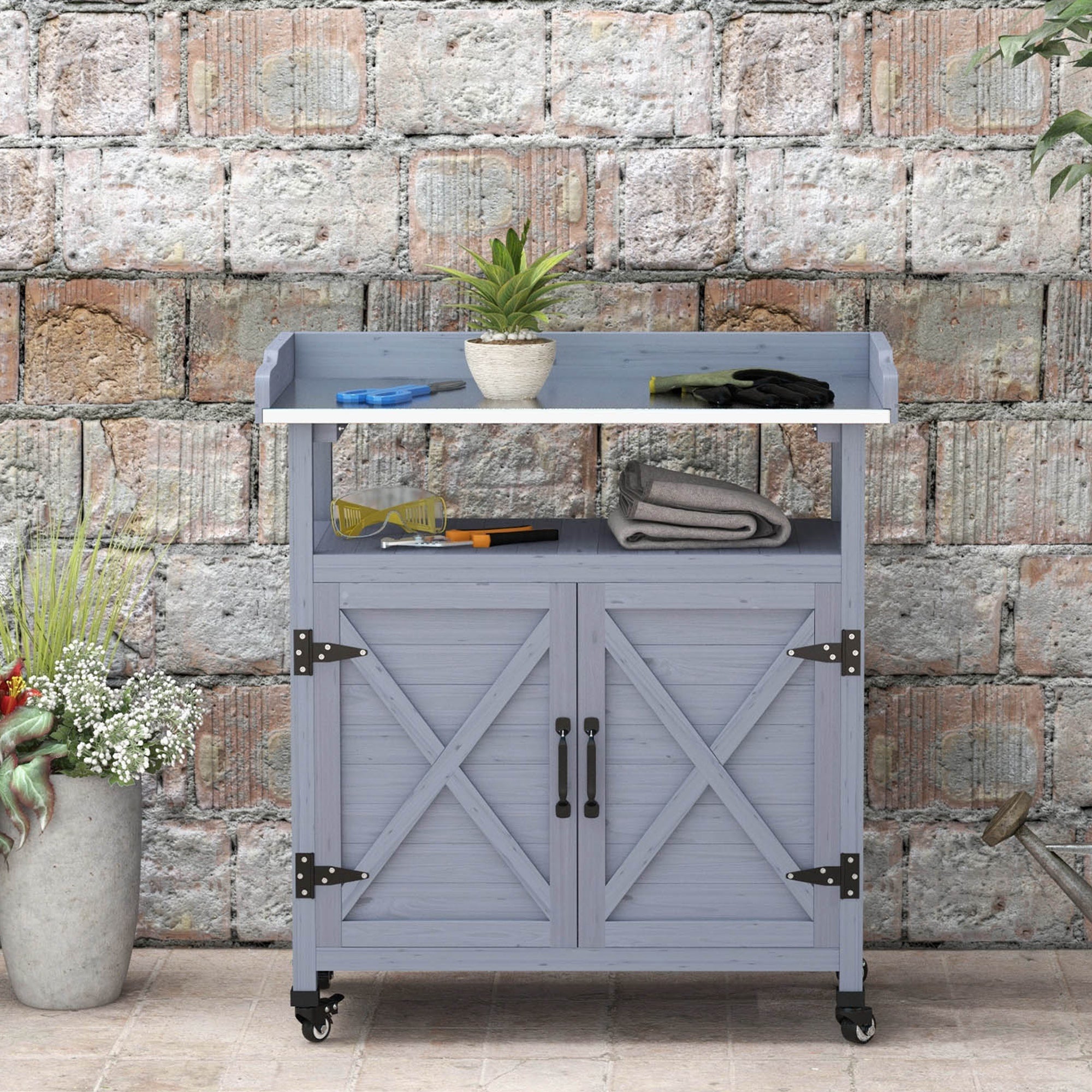 Outdoor Wooden Potting Bench with Storage Cabinet, Aluminum Tabletop, Rubber Wheels for Backyard, Patio, Balcony, Gray - Gray - Image 7