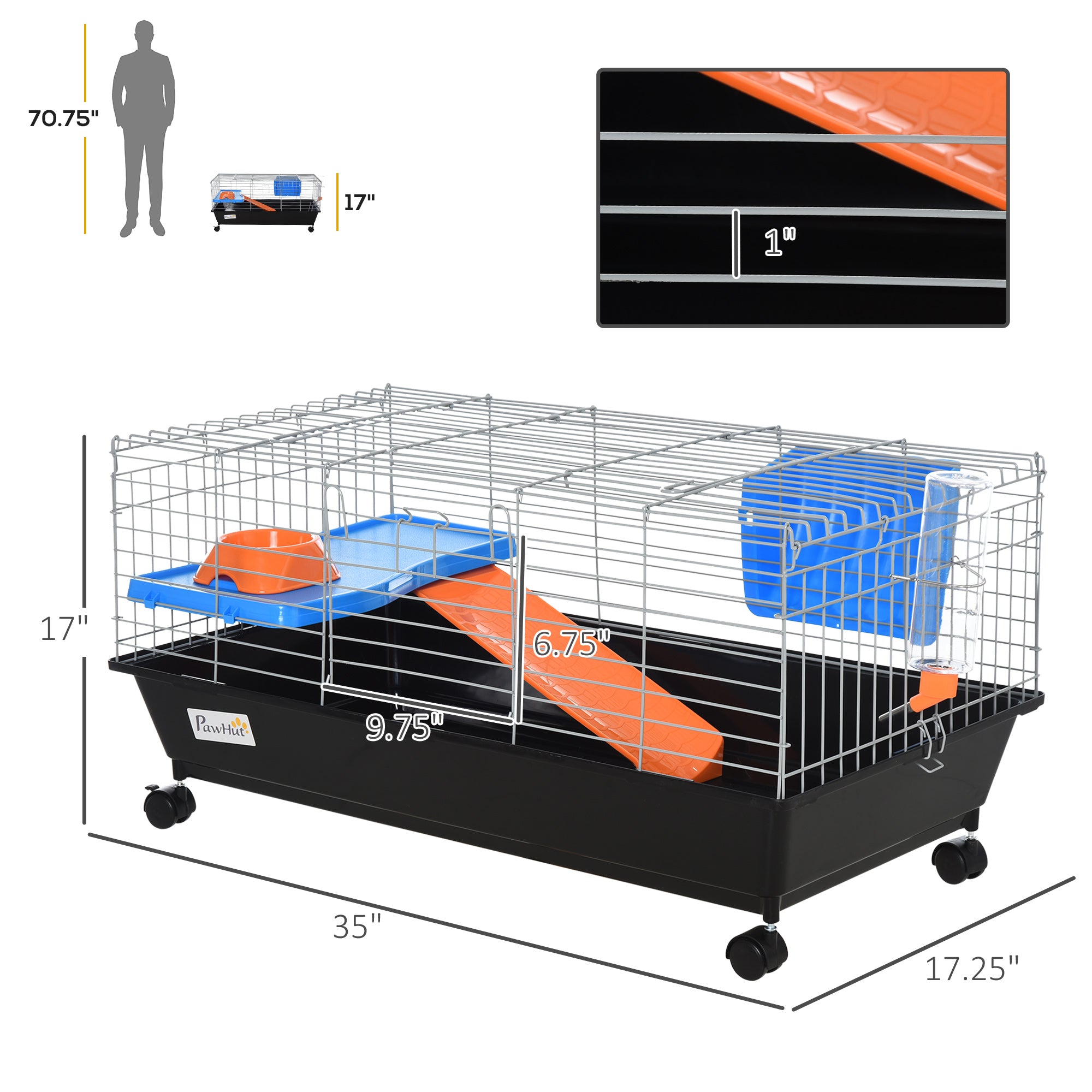 35"L Small Animal Cage with Food Dish, Water Bottle, Hay Feeder, Platform, Ramp for Chinchilla, Black - Black - Image 3