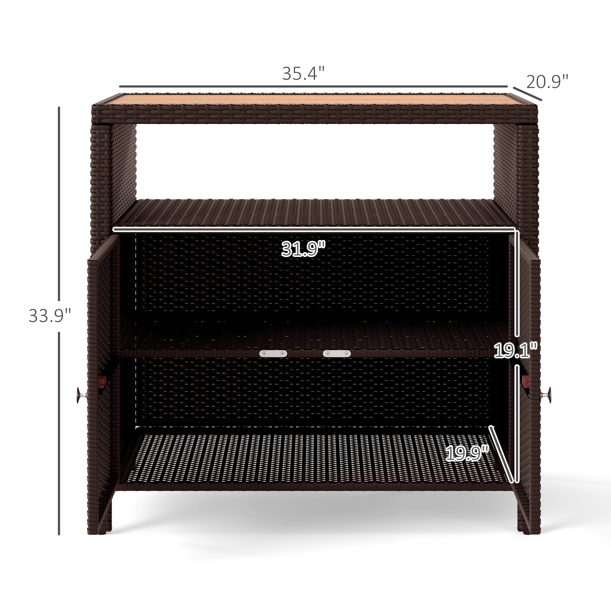 Outdoor Storage Cabinet with Acacia Wood Top, Two Doors, Shelf, Wicker Bar Table for Pool Towel Storage, Brown - Brown - Image 3