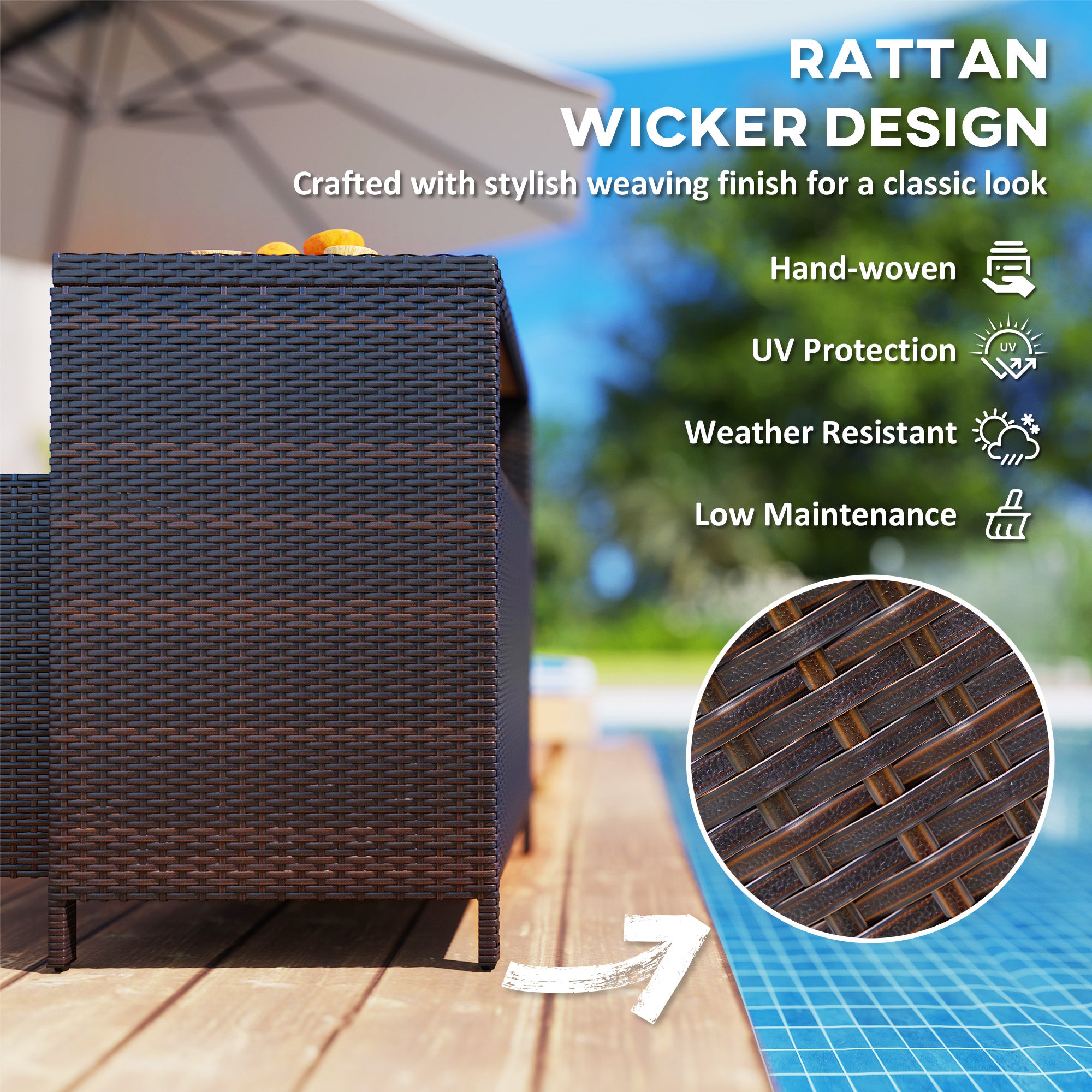 Outdoor Storage Cabinet with Acacia Wood Top, Two Doors, Shelf, Wicker Bar Table for Pool Towel Storage, Brown - Brown - Image 5