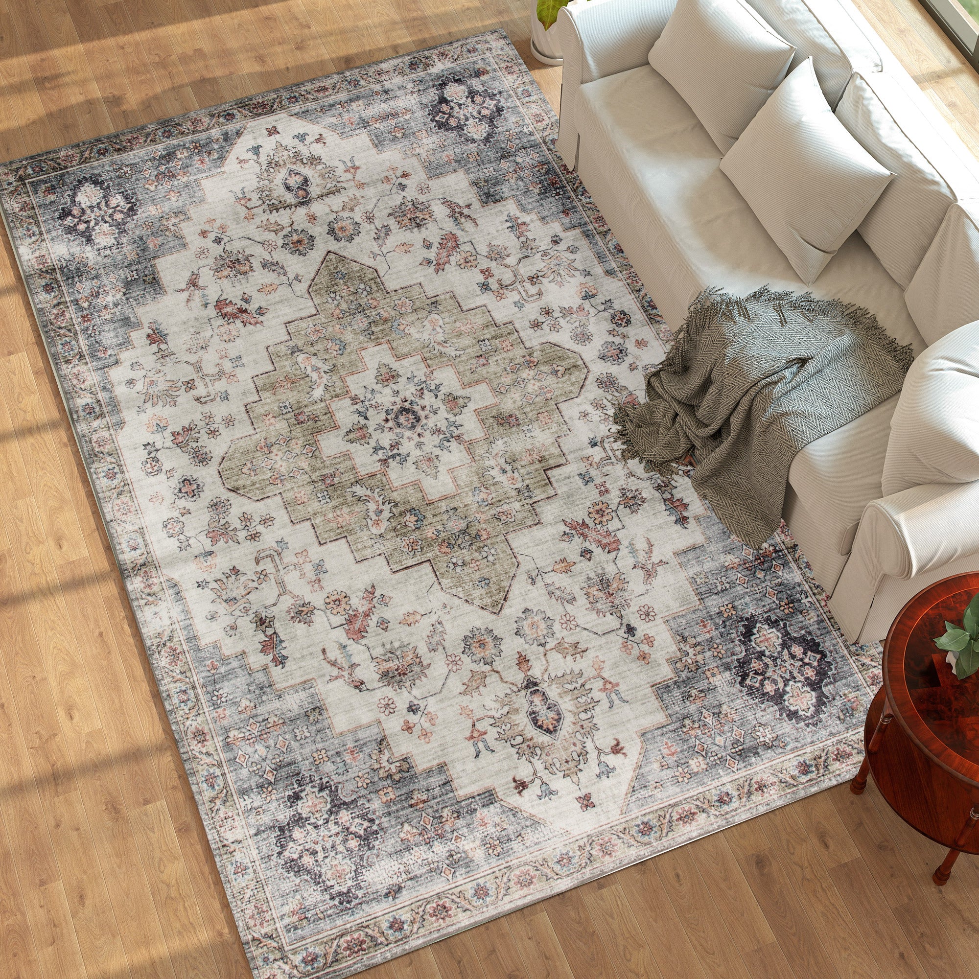 8x10 Area Rug, Vintage Machine Washable Rug, Non-Slip Carpet for Living Room, Bedroom, Dining Room, Brown and Green