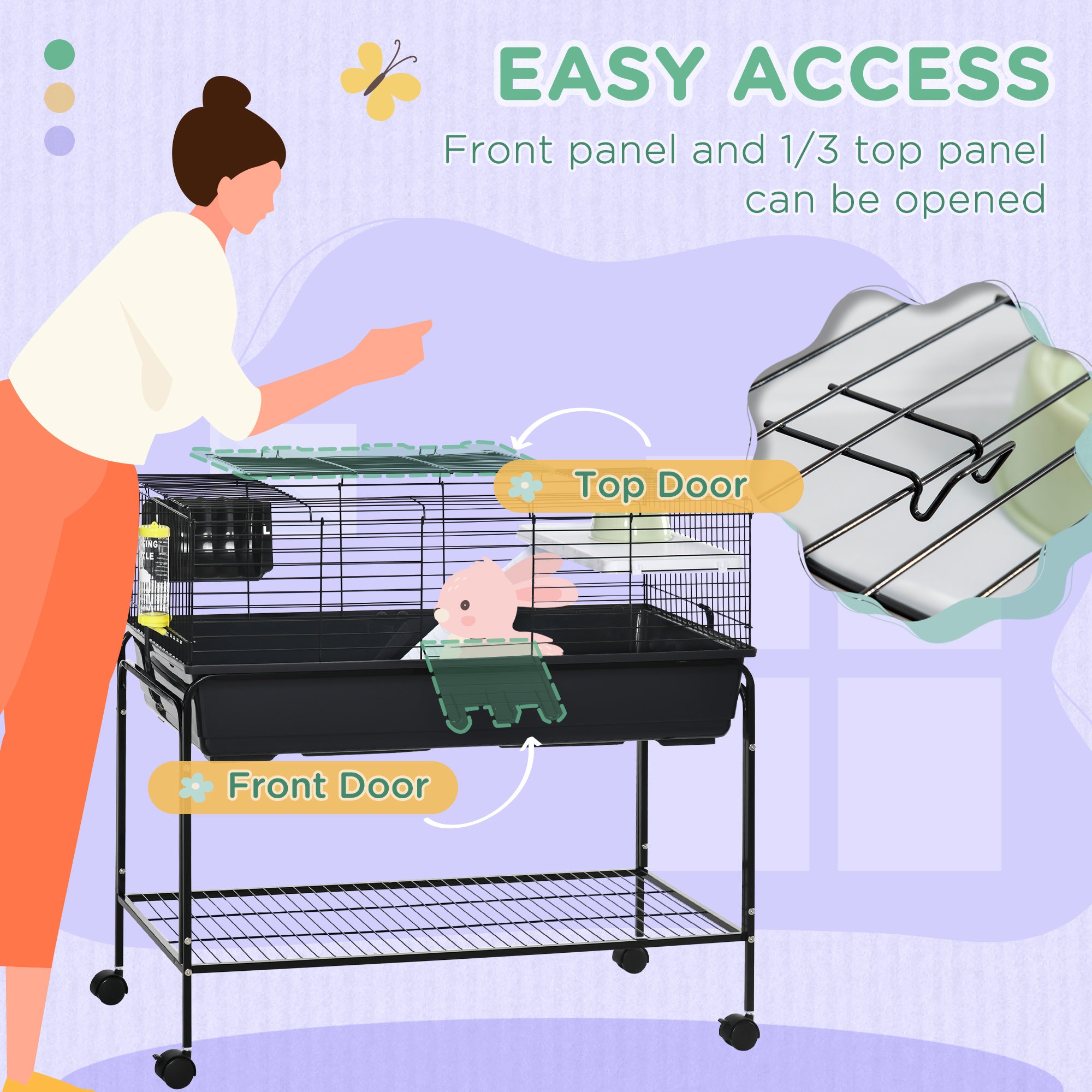 Two-Story Small Animal Cage Removable from Stand, Guinea Pig Cage with Shelf & Wheels, Pet Habitat for Hedgehog, Chinchilla, Ferret, 39" x 20.5" x 36.5", Black - Grey - Image 6
