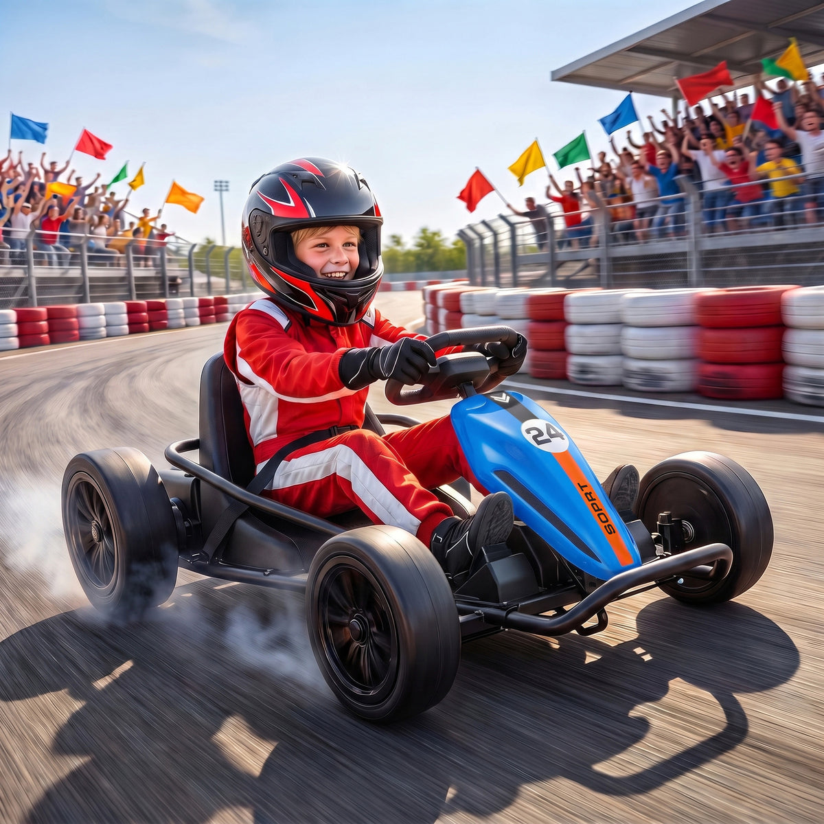 24V Electric Drift Go Kart for Kids with Dual Motors, Soft Start, PU Wheels, 7.5MPH High Speed, for Ages 6+, Blue