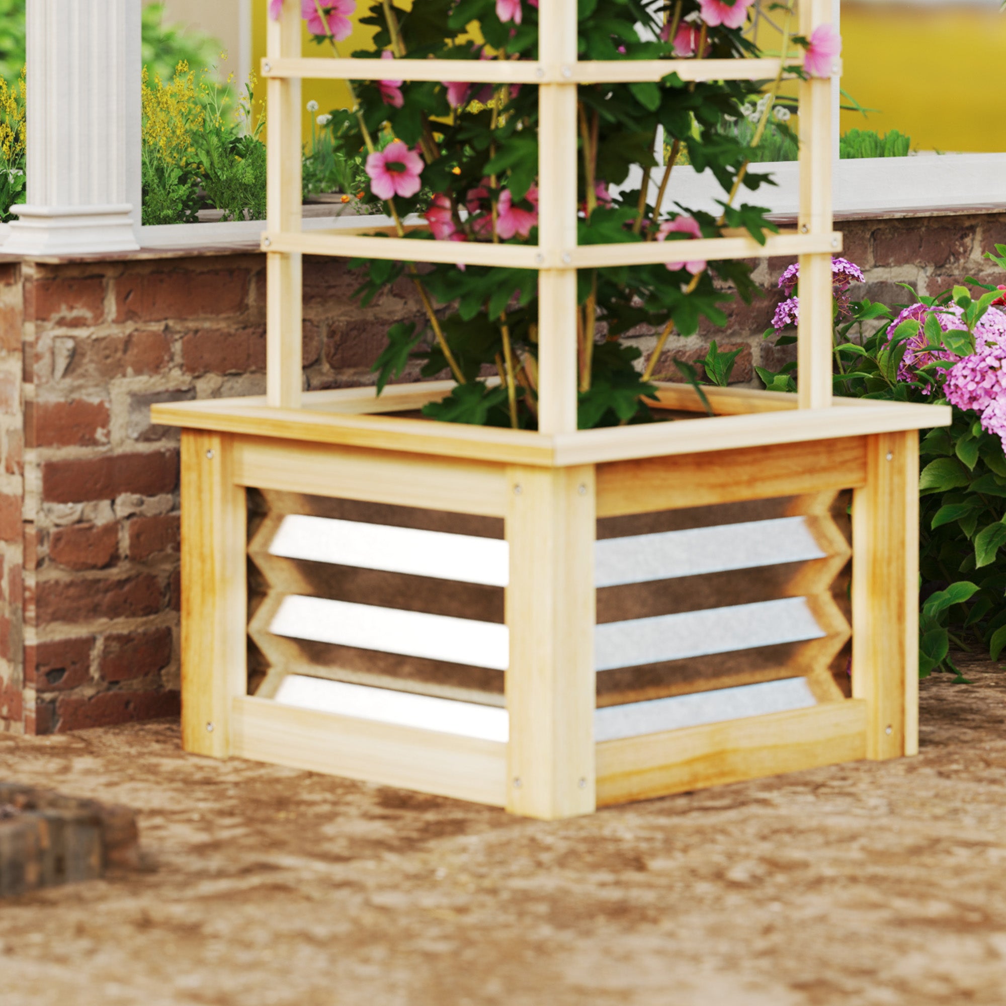 Wooden Raised Garden Bed with Trellis, Galvanized Planter Box Elevated Garden Bed for Garden, Patio, Natural Wood - Natural Wood - Image 8
