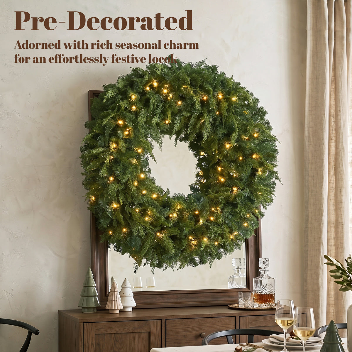 36" Prelit Crestwood Spruce Artificial Christmas Wreath, Christmas Decor with Bow, LEDs, 8 Modes, Realistic Tips