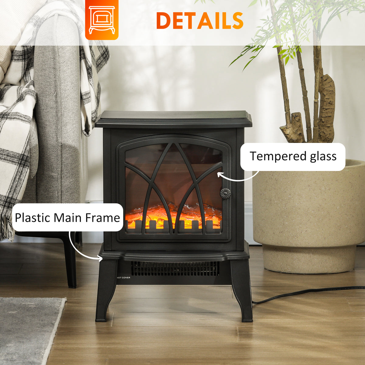 Electric Fireplace Heater, Freestanding Fireplace Stove with Realistic Flames Overheating Protection 750W/1500W, Black