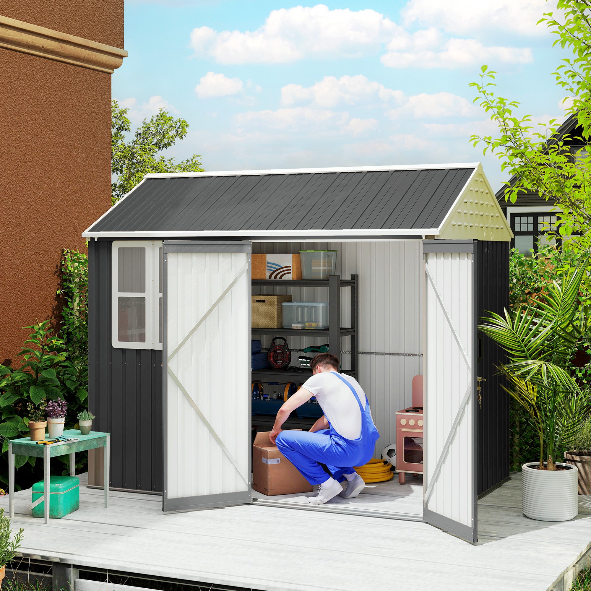 8' x 6' Metal Garden Storage Shed, Extra Large Outdoor Tool Storage House w/ Doors, Window and Air Vents, Dark Gray - Dark Gray - Image 2