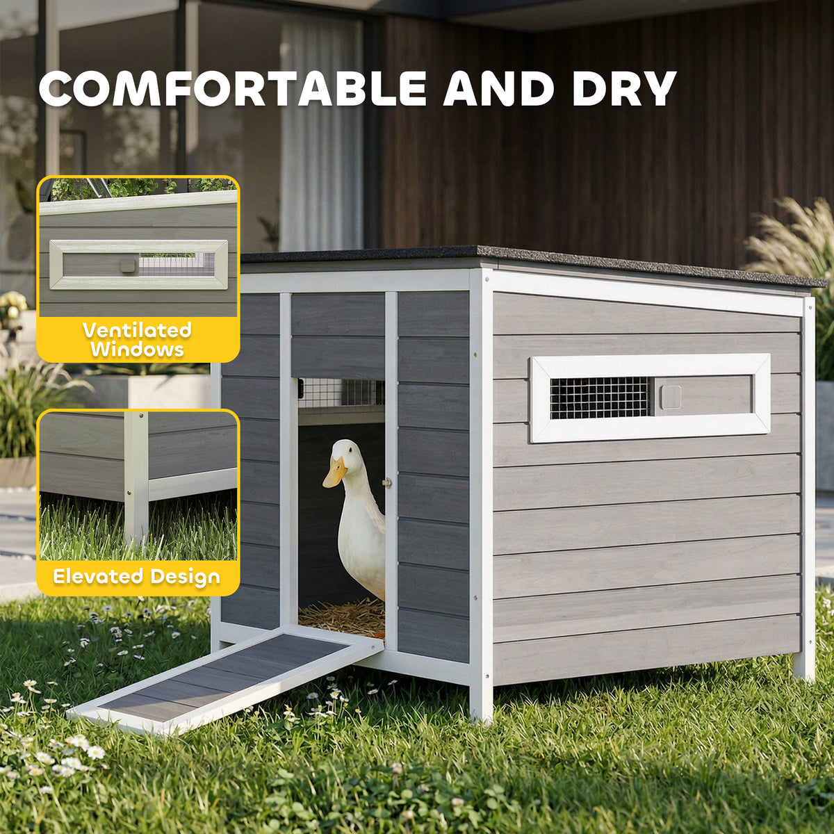 Duck Coop, Wooden Duck House Rabbit Hutch with Openable Roof, Removable Base, Elevated Legs, Ramp, Ventilated Windows