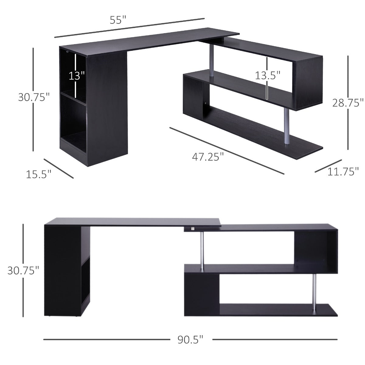 55" 360° Rotating Corner Computer Desk Modern L-Shaped Home Office Workstation with 3-Tier Storage Shelves, Bookshelf, Black