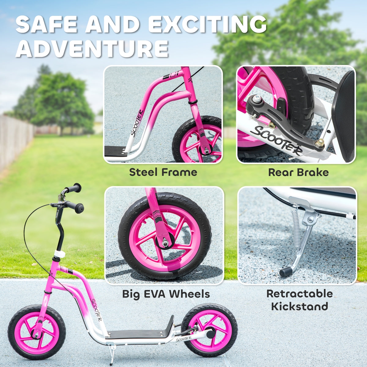 Kids Scooter, Lightweight Scooter with Adjustable Handlebar, Rear Brake, Kickstand, 12" EVA Wheels, for 5-12 Y, Pink