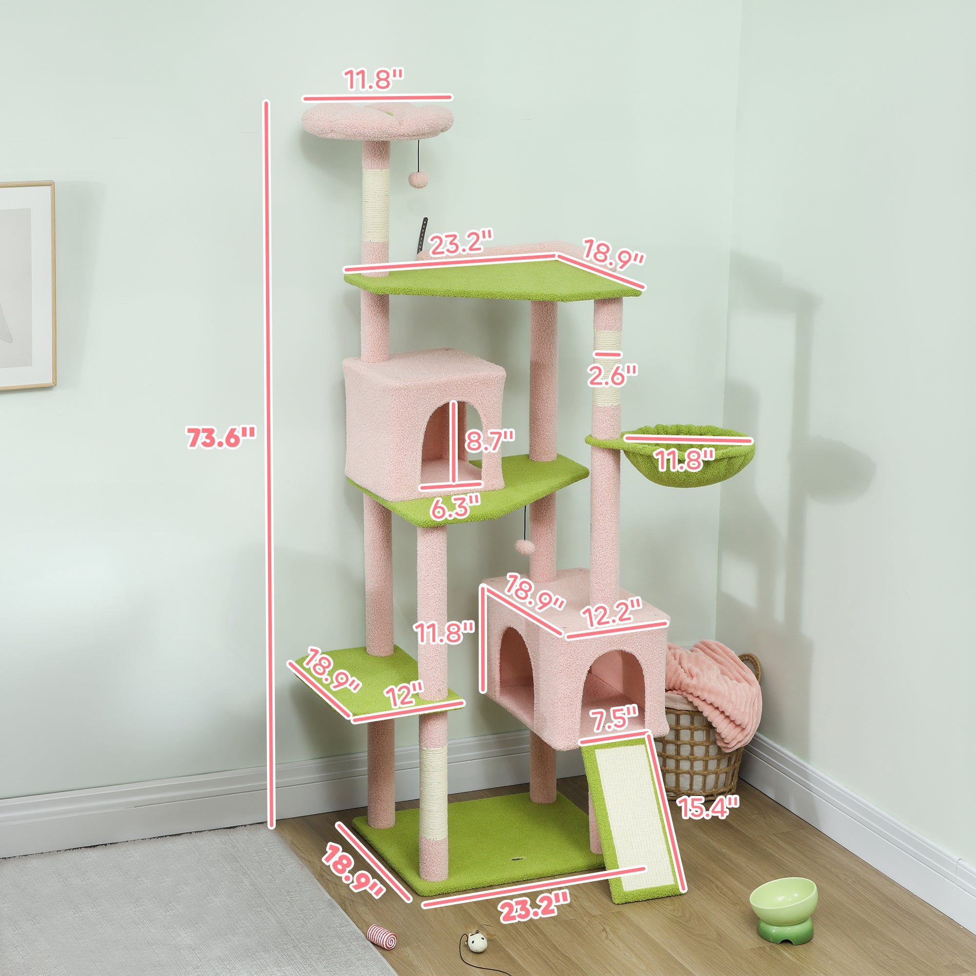 74" Flower Cat Tree, Large Cat Tower with Scratching Post & Board for Indoor Cats, Pink - Pink - Image 3
