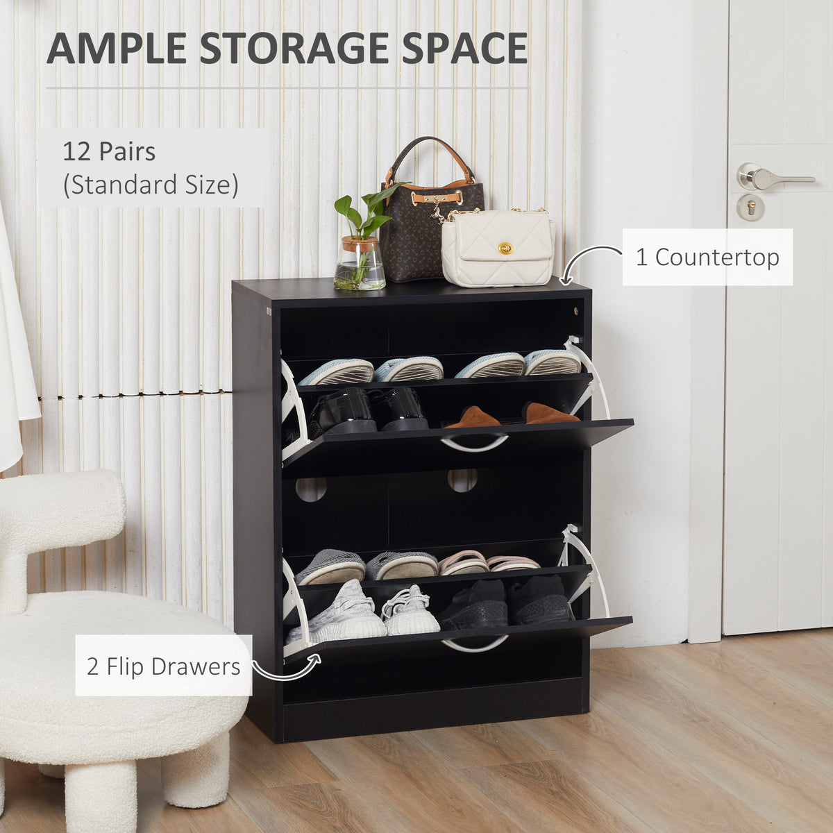 Shoe Cabinet with 2 Flip Drawers, Narrow Shoe Storage Cabinet with Adjustable Shelves for Entryway, Hallway, Black
