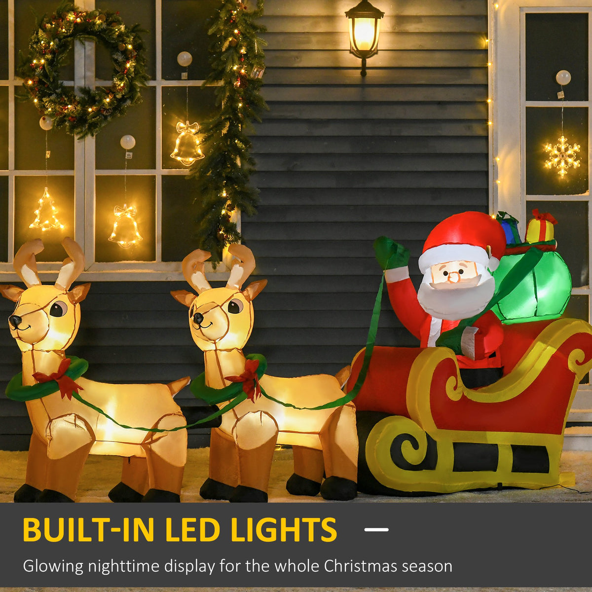 8ft Long Christmas Inflatable Santa Claus with Sleigh and Reindeer, Outdoor Blow-Up Yard Decoration with LED Lights Display