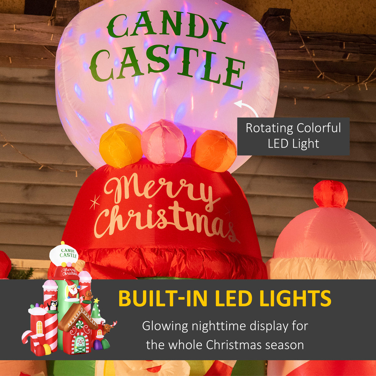 10ft Christmas Inflatables Outdoor Decorations Candy Castle, Blow-Up LED Yard Christmas Decor, Built-in Rotating Colorful Light for Garden, Lawn, Party