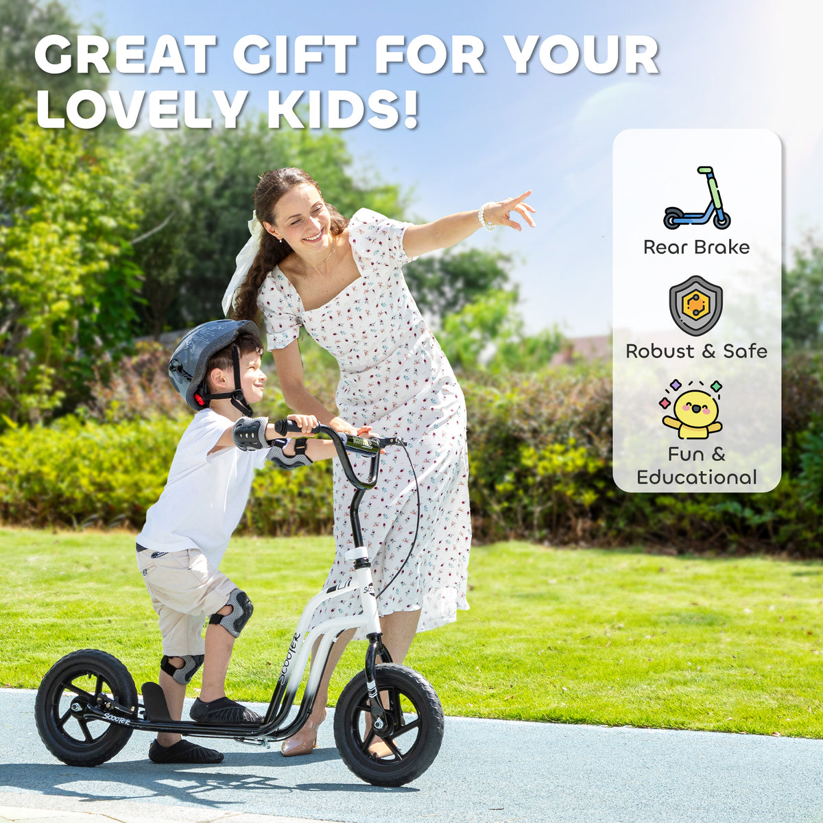 Kids Scooter, Lightweight Scooter with Adjustable Handlebar, Rear Brake, Kickstand, 12" EVA Wheels, for 5-12 Y, White