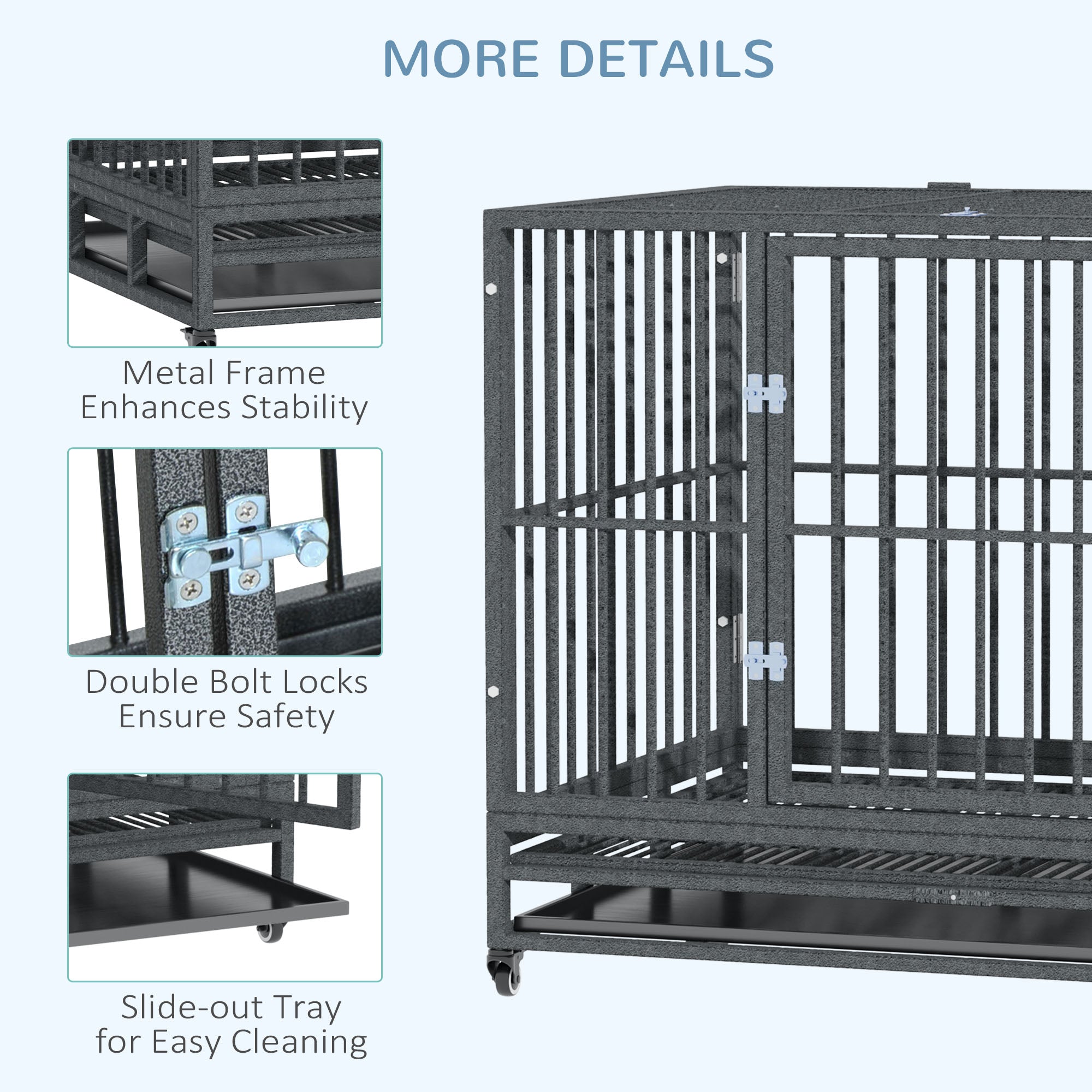 43" Heavy Duty Dog Crate Metal Cage Kennel with Lockable Wheels, Double Door and Removable Tray, Gray - Grey Vein - Image 5