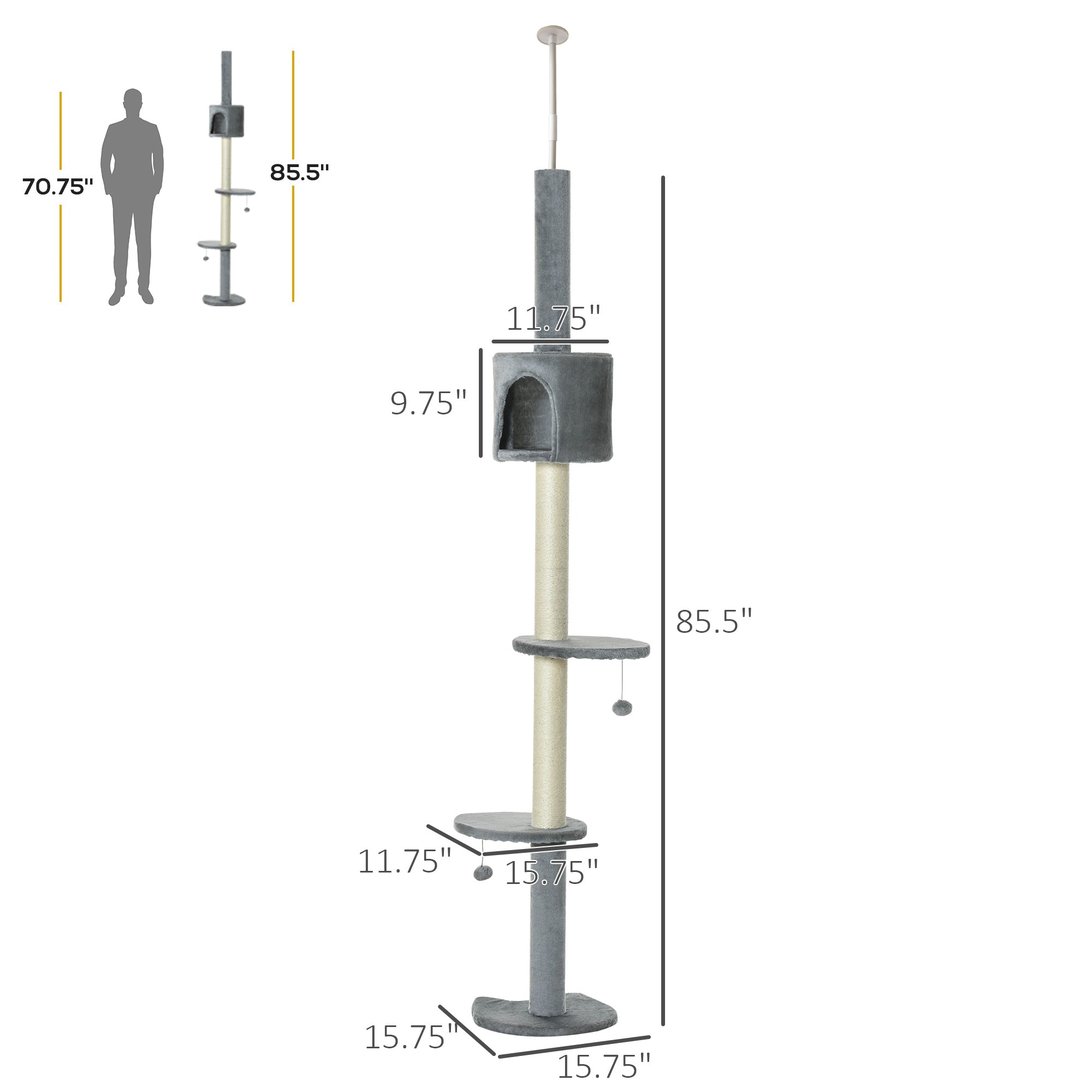 85.5" Cat Tree Height Adjustable Floor-to-Ceiling 4-Tier Kitty Climbing Activity Center Condo Cat Toy with Scratching Post Hanging Balls Play Rest Post Pet Furniture Grey - Light grey - Image 3