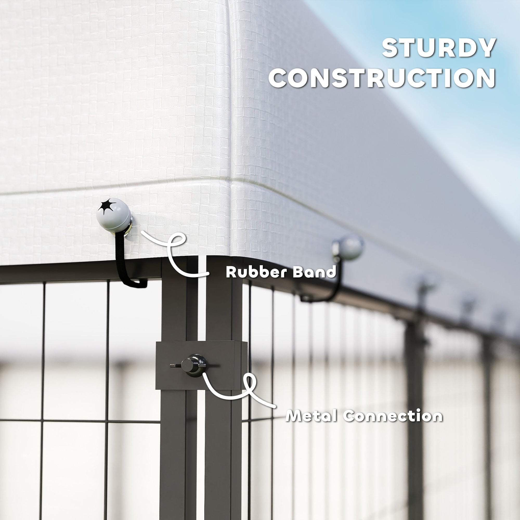 9.8' x 9.8' x 6' Outdoor Dog Kennel, Dog Kennel Outside Run with 360° Rotating Bowls, Waterproof & UV Resistant Cover - Silver - Image 7