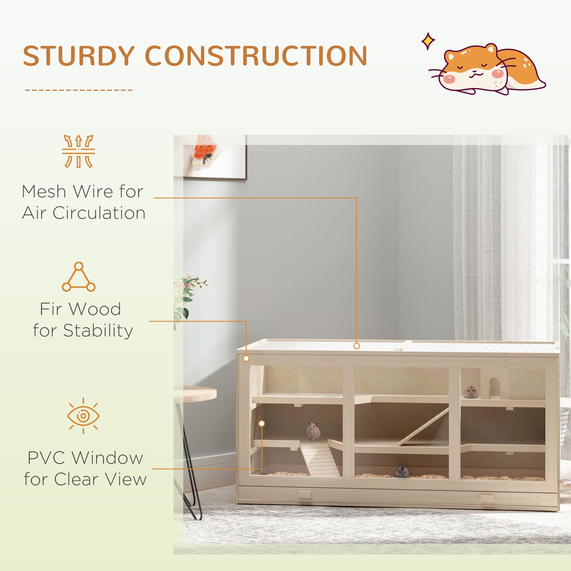 45" Extra Large Wooden Hamster Cage, 3-Layer Rat Cage with Opening Roof, PVC Window, Small Animal Habitat for Gerbil, Dwarf & Syrian Hamsters, Natural - natural - Image 6