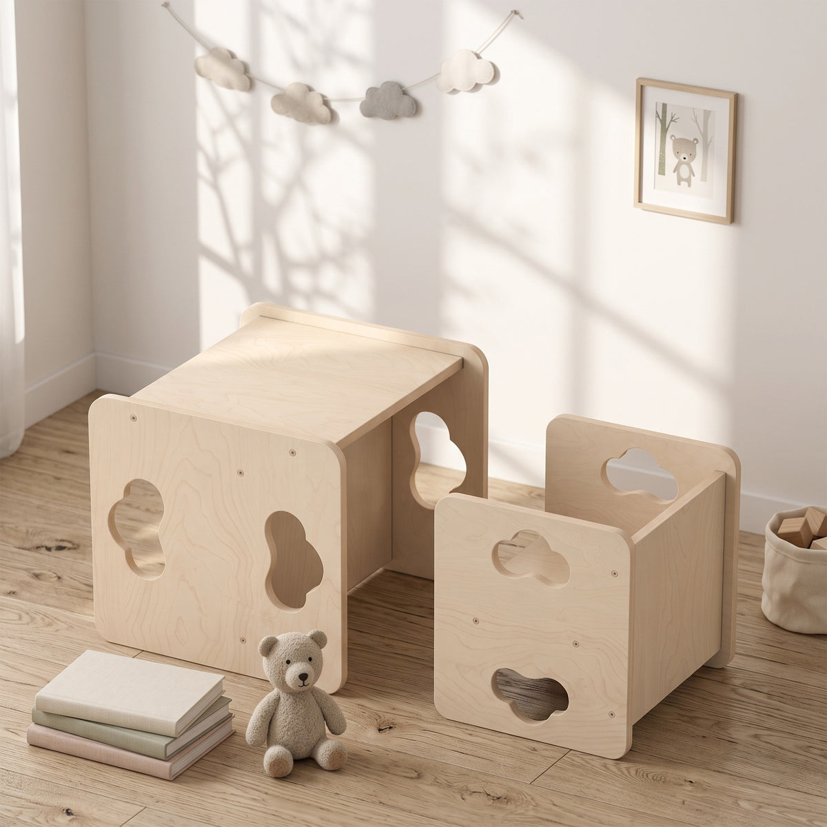 Montessori Kids Table and Chair Set with 3-Level Heights for 18-36 Months Toddlers, Learning, Play and Mealtime, Natural