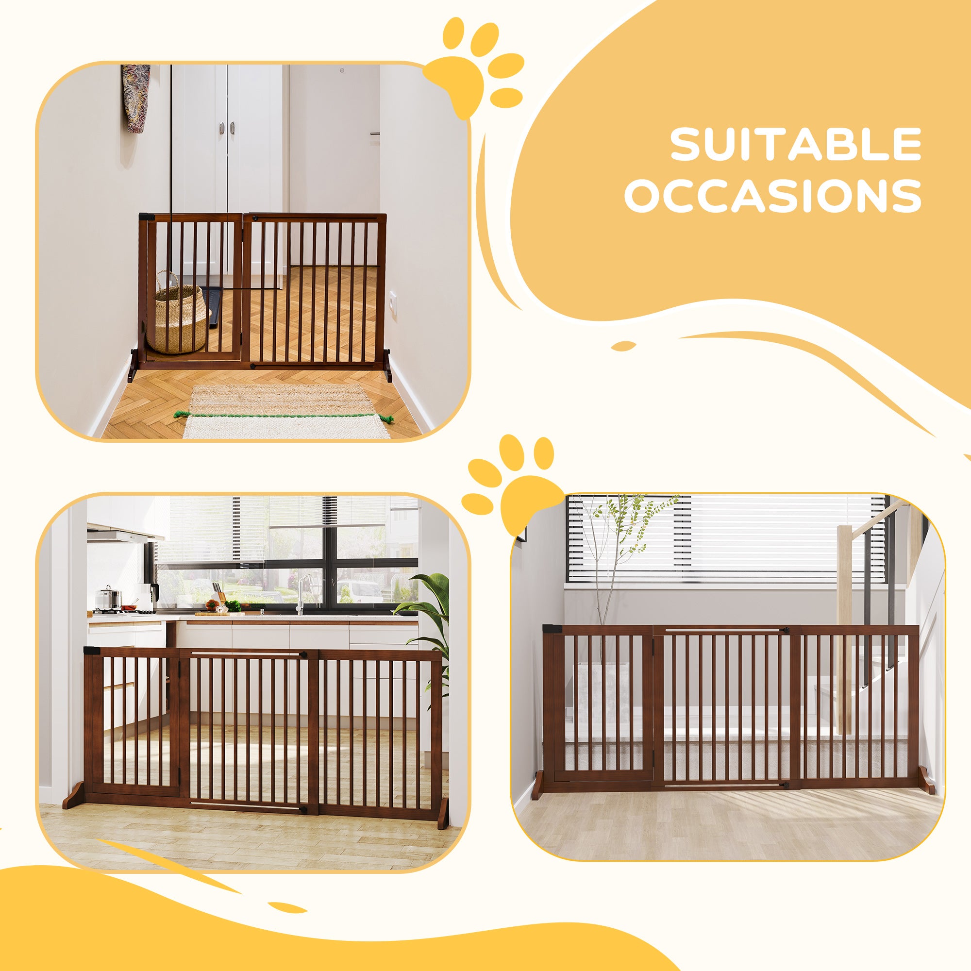 Freestanding Length Adjustable Wooden Pet Gate with Lockable Door 3 Panels, Brown - Brown - Image 5