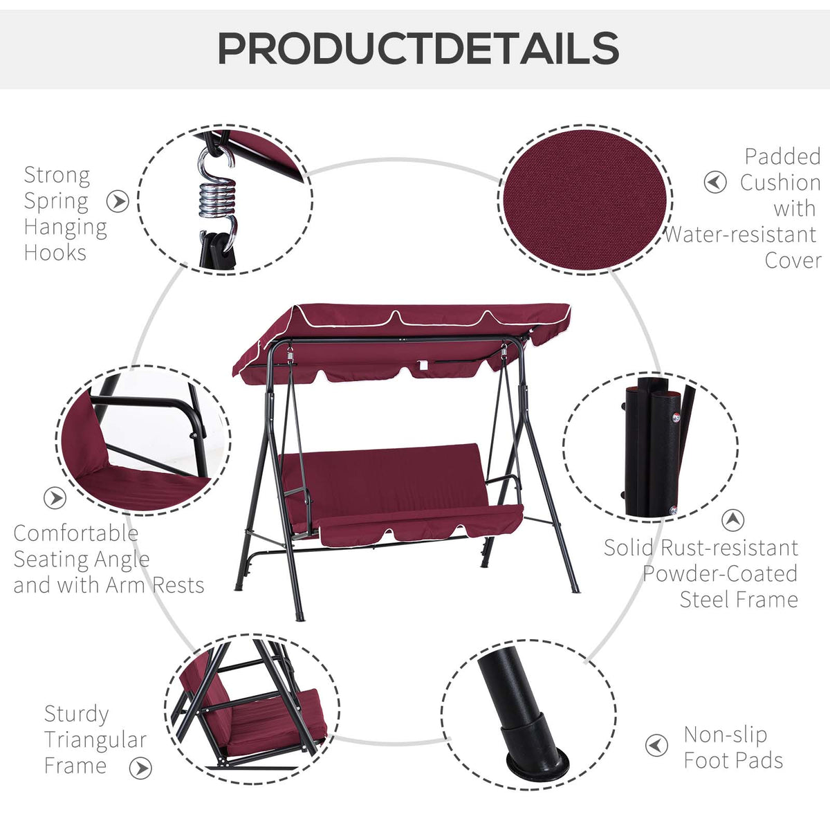 Outdoor Patio Swing Chair with Adjustable Tilt Canopy and Removable Cushion, Red
