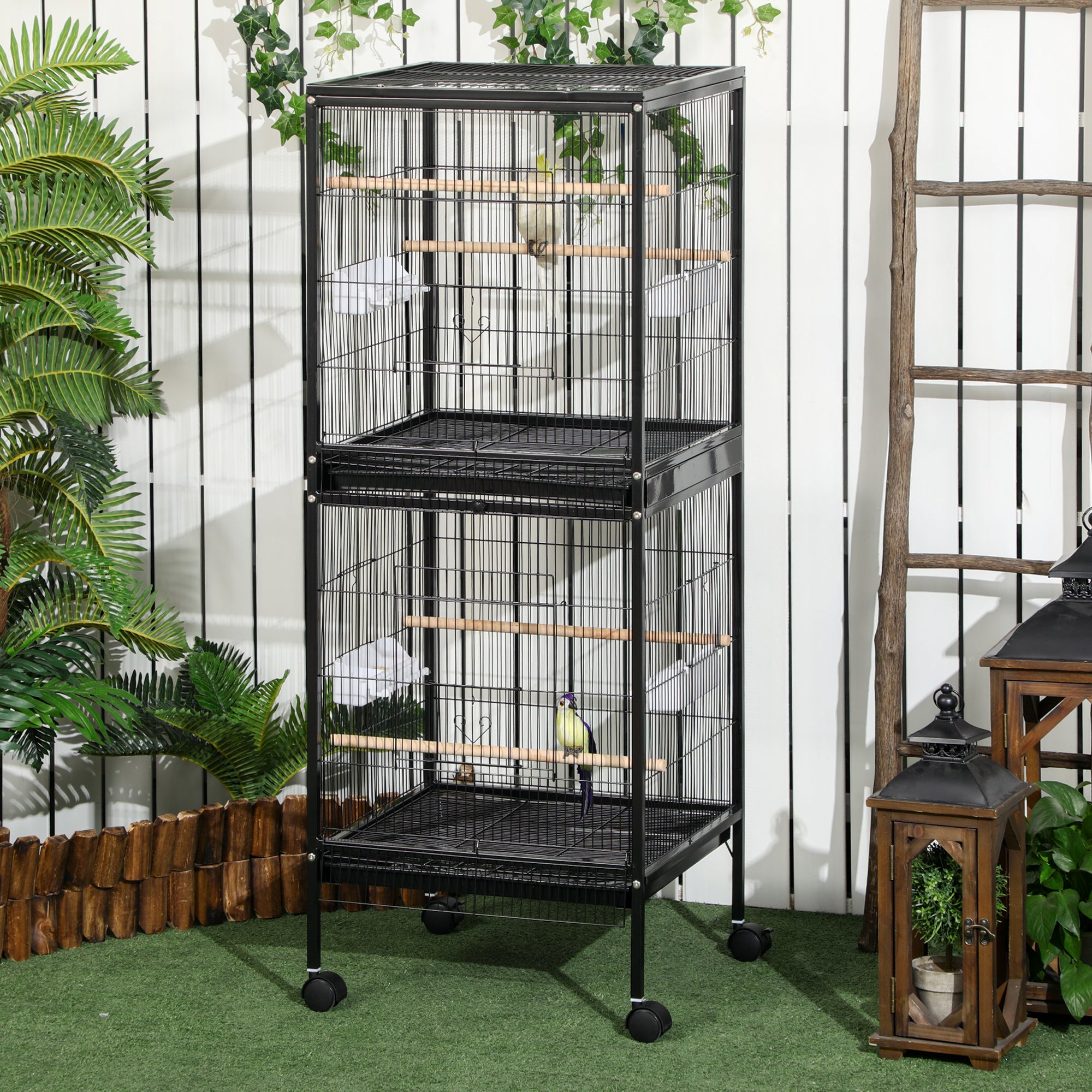55" 2 In 1 Bird Cage Aviary Parakeet House for finches, budgies with Wheels, Black - Black - Image 2