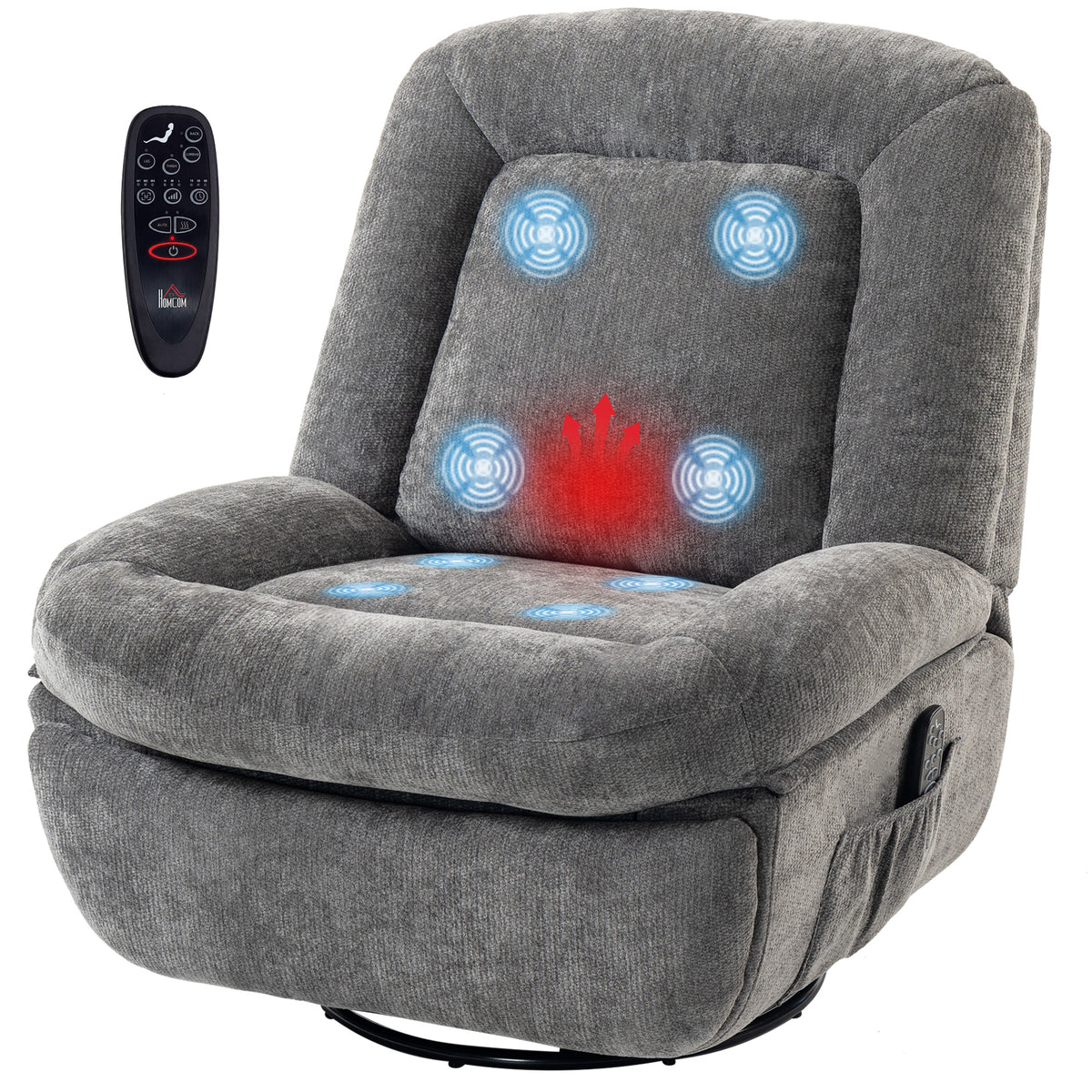 Oversized Power Recliner Chair with Massage and Heat, USB Port, Overstuffed Chenille Swivel Rocker Recliner, Gray