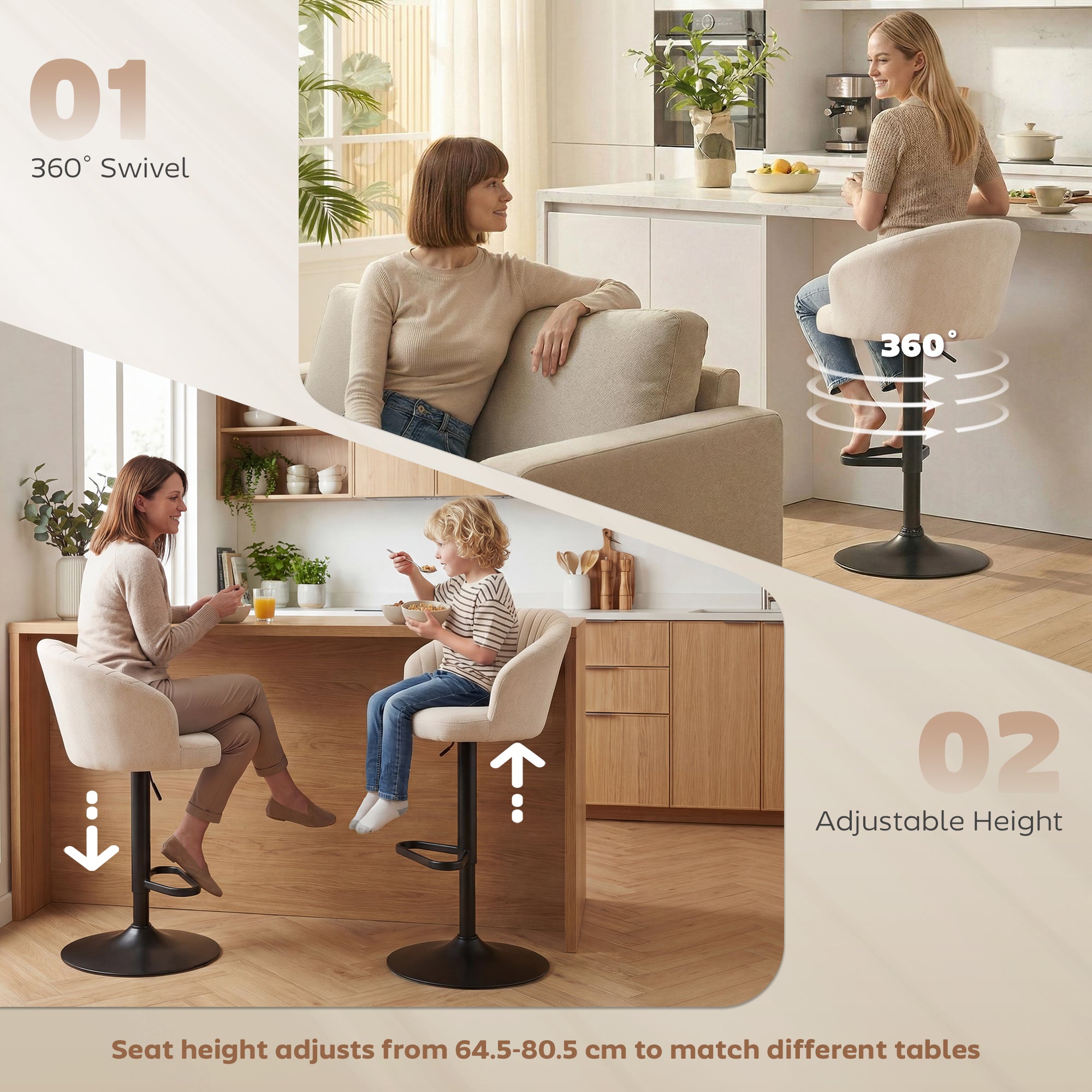 Modern Upholstered Adjustable Barstools with Swivel Seat, Linen Touch Fabric, Steel Frame, Footrest, Beige