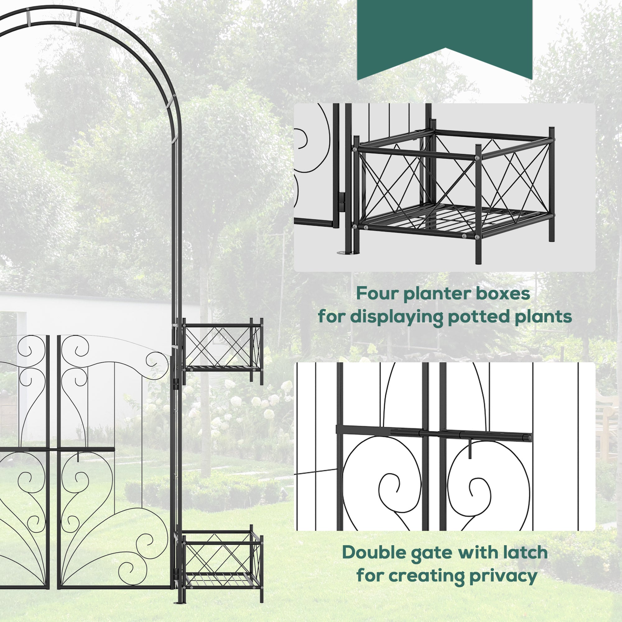 7' Garden Arch Arbor, Metal Arch Trellis with Gate, Garden Archway for Climbing Vines, Wedding Ceremony Decoration, Black - Black - Image 5
