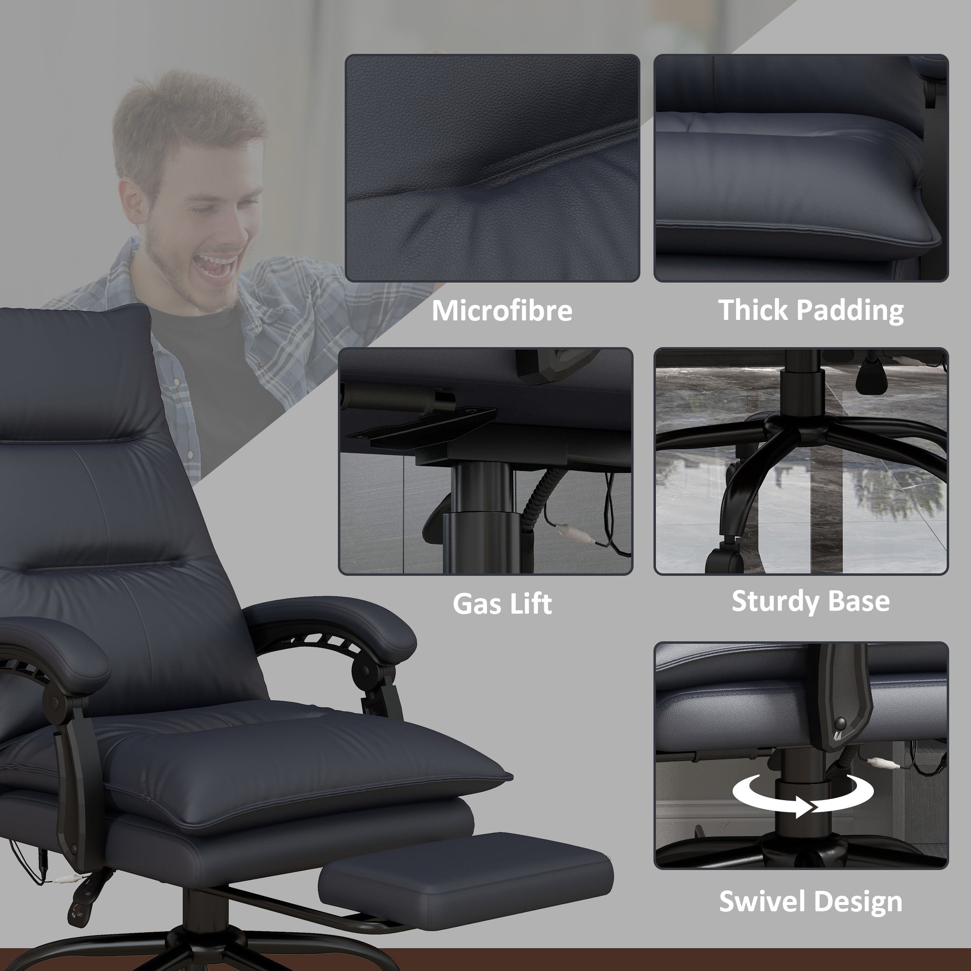 Executive Massage Office Chair with 6 Vibration Points, Microfiber Computer Desk Chair, Heated Reclining Chair with Footrest, Armrest, Double Padding, Charcoal Gray
