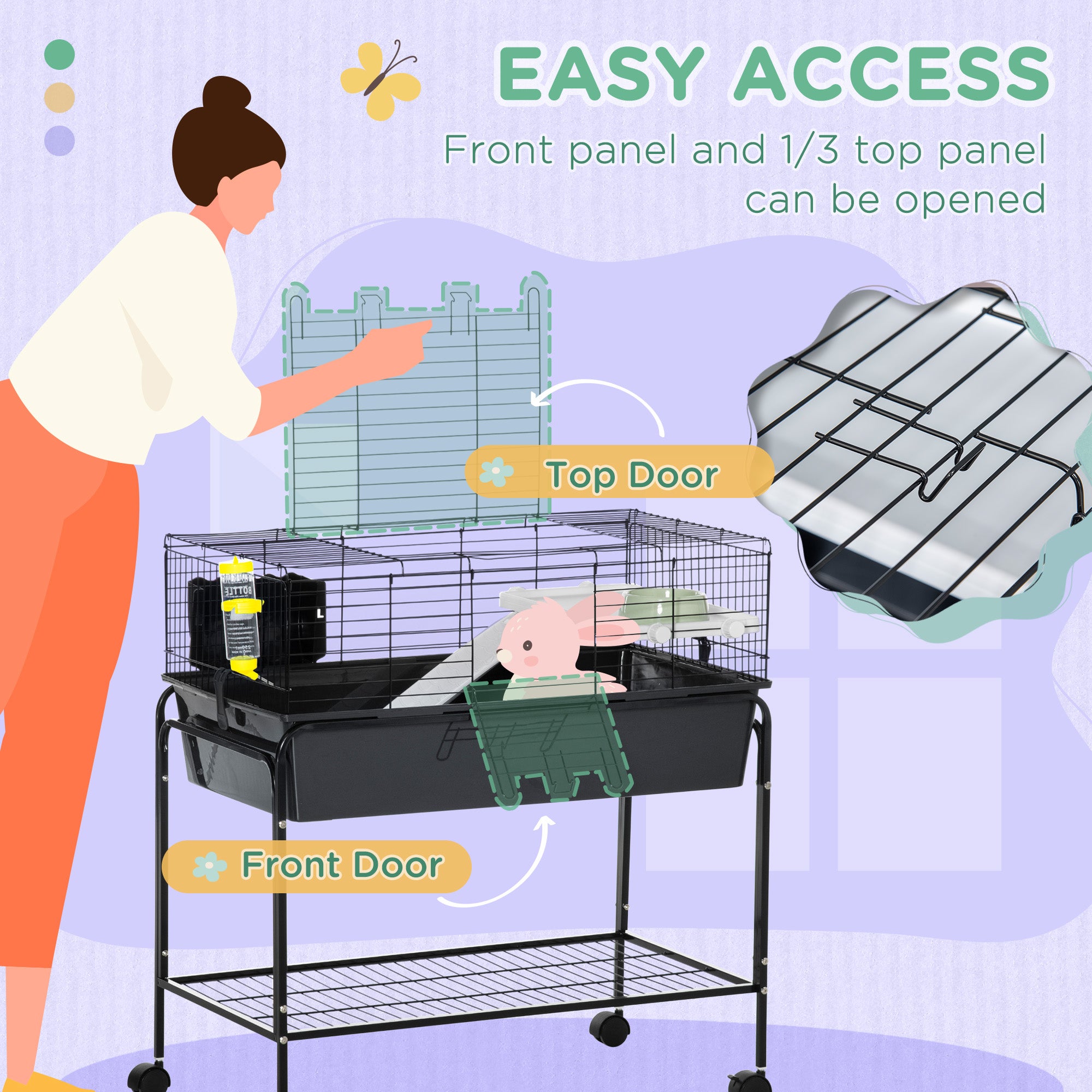 Two-Story Small Animal Cage Removable from Stand, Pet Habitat with Shelf & Wheels, 33" x 18.5" x 35", Charcoal Gray - Gray - Image 6
