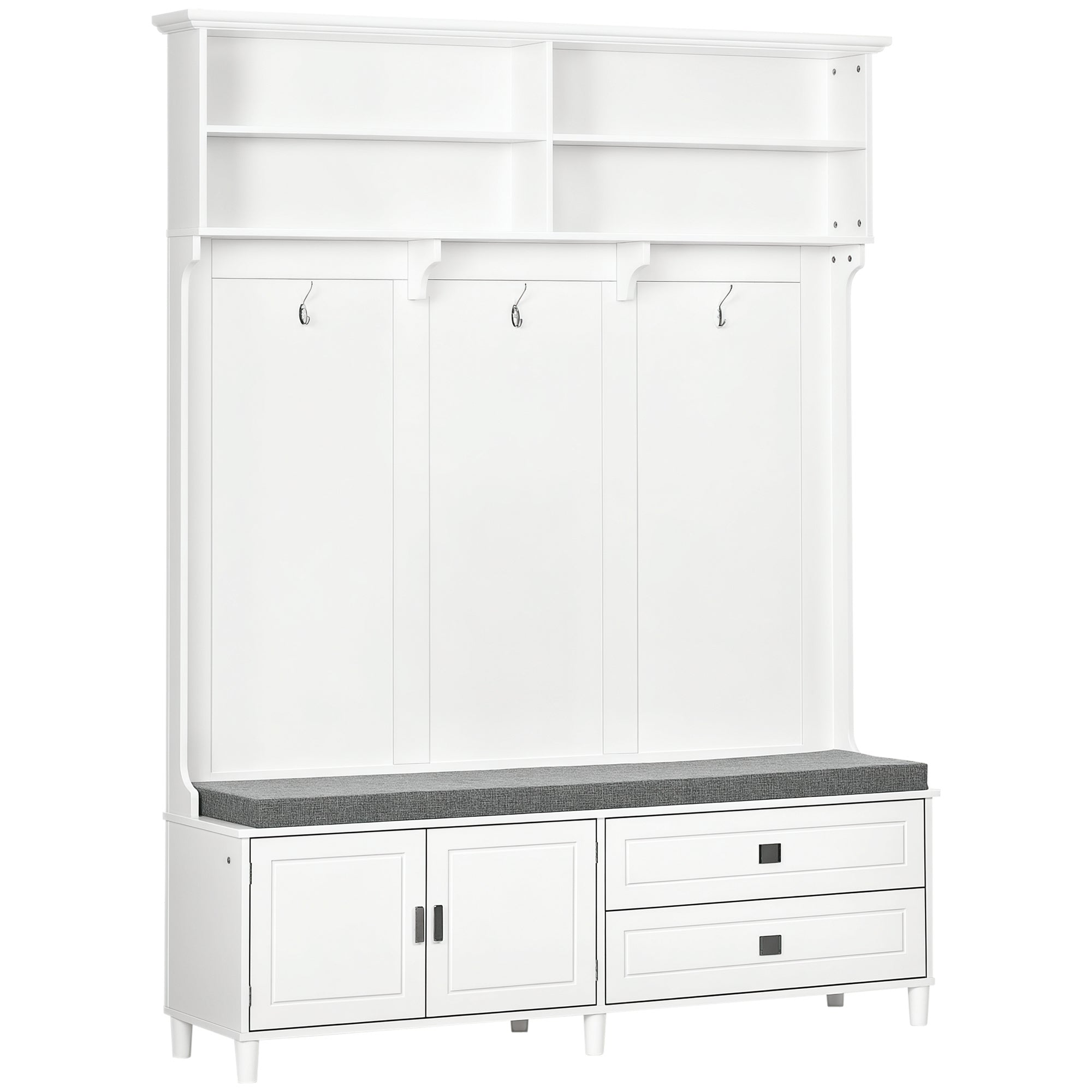 Hall Tree with Storage Bench, Entryway Bench with Coat Rack, Accent Coat Tree with Storage Shelves, Cabinet and Drawers for Hallway, Mudroom, White