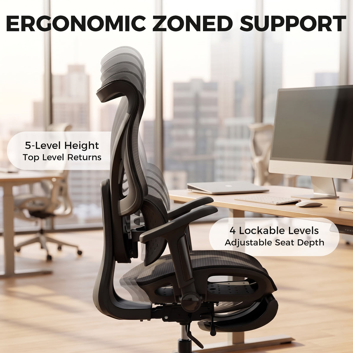 Ergonomic Office Chair with Lumbar Support, Mesh Reclining Desk Chair with Footrest, Adjustable High Back, Black