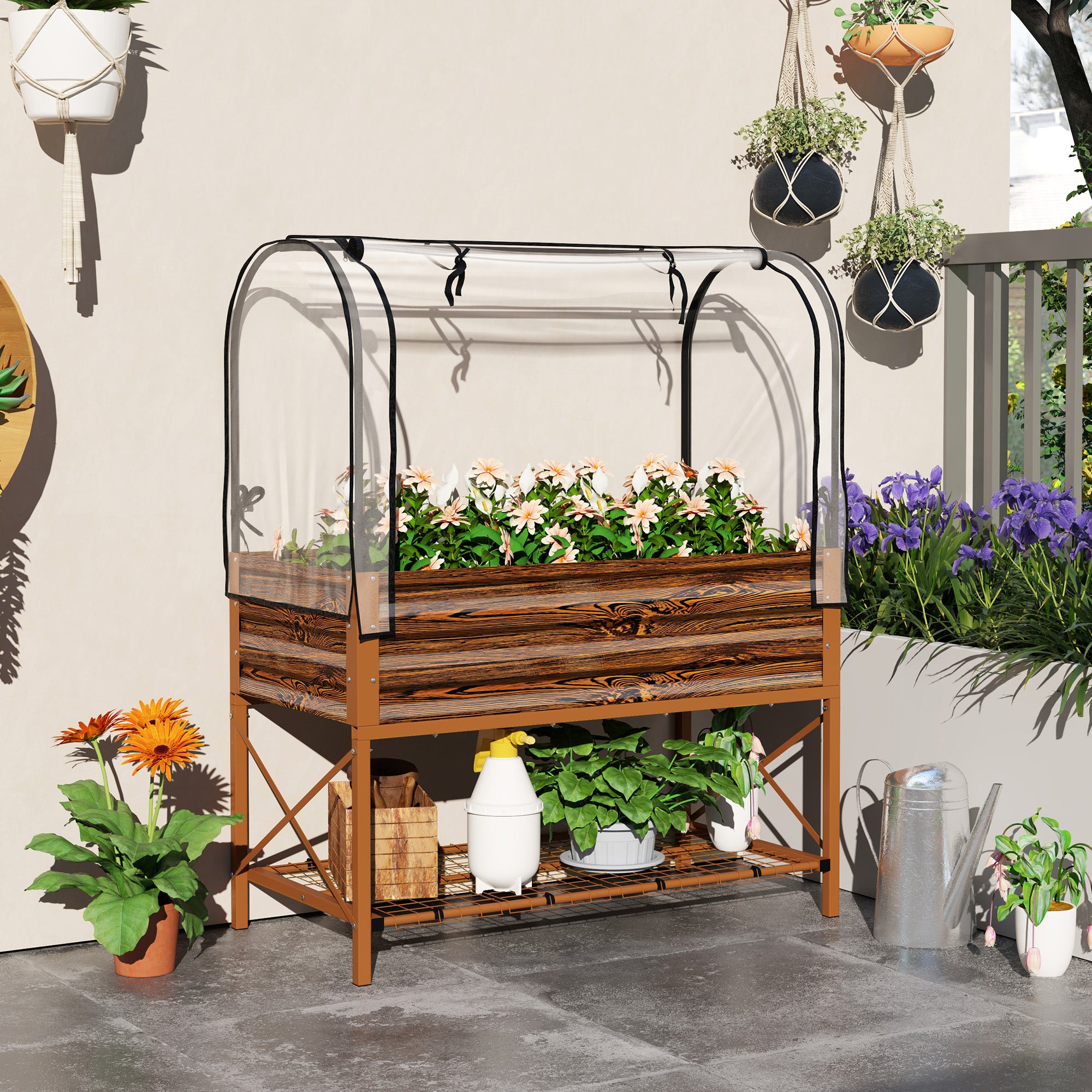 Raised Garden Bed with Legs and Cover, Metal Elevated Planter Box with Bottom Shelf and Liner for Vegetables, Brown - Brown - Image 2