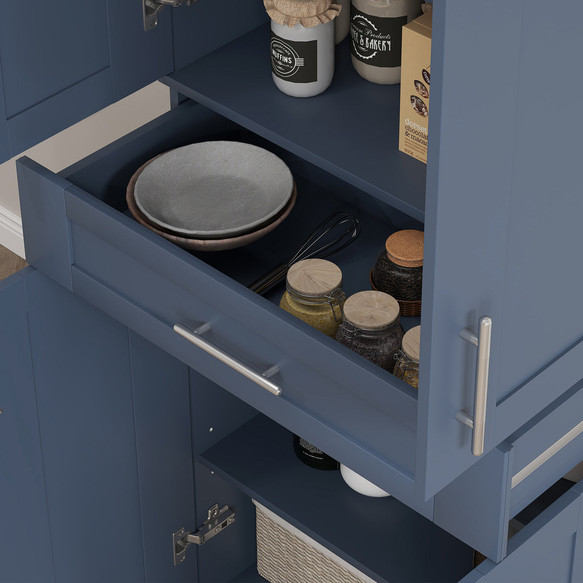 Modern Kitchen Pantry Freestanding Cabinet Cupboard with Doors and Drawer, Adjustable Shelving, Navy Blue