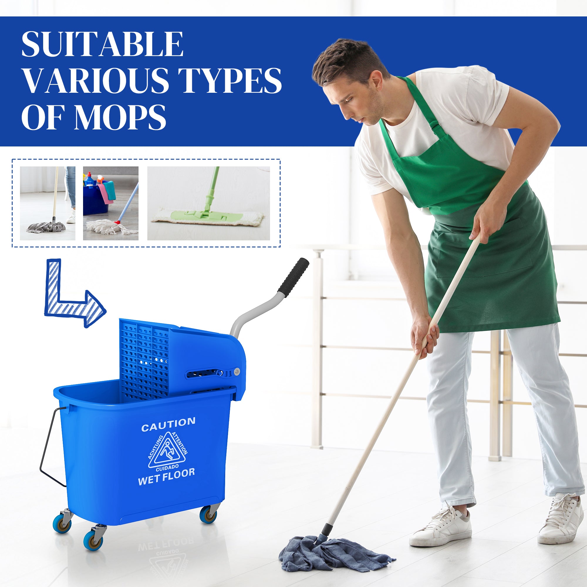 Compact Mop Bucket with Wringer, Mop Bucket on Wheels for Floor Cleaning, 21 Quart, Separate Dirty and Clean Water, Blue