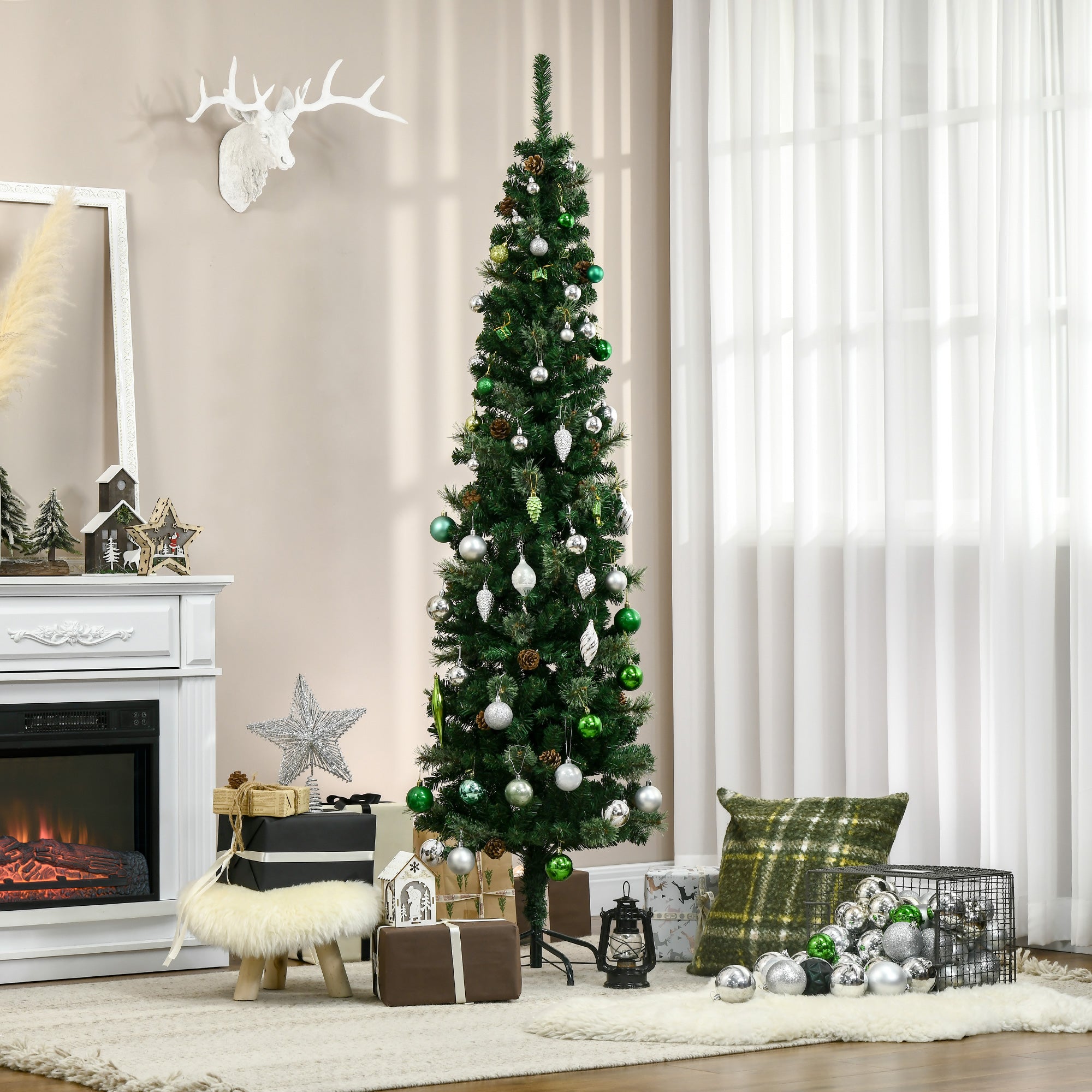 6.5 Foot Pencil Artificial Christmas Tree, Slim Pine Needles Xmas Tree with Realistic Branches, Pine Cones, Metal Base, Green