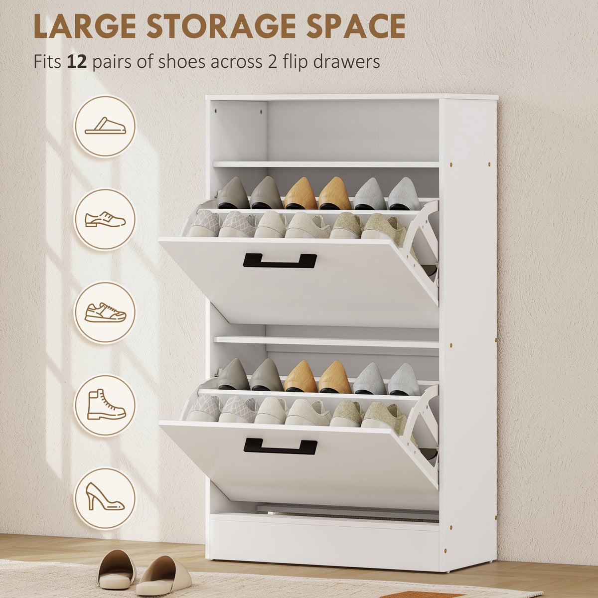 Shoe Cabinet 2 Flip Drawers Adjustable Dividers Shoe Storage Cabinet Top Shelf Entryway White