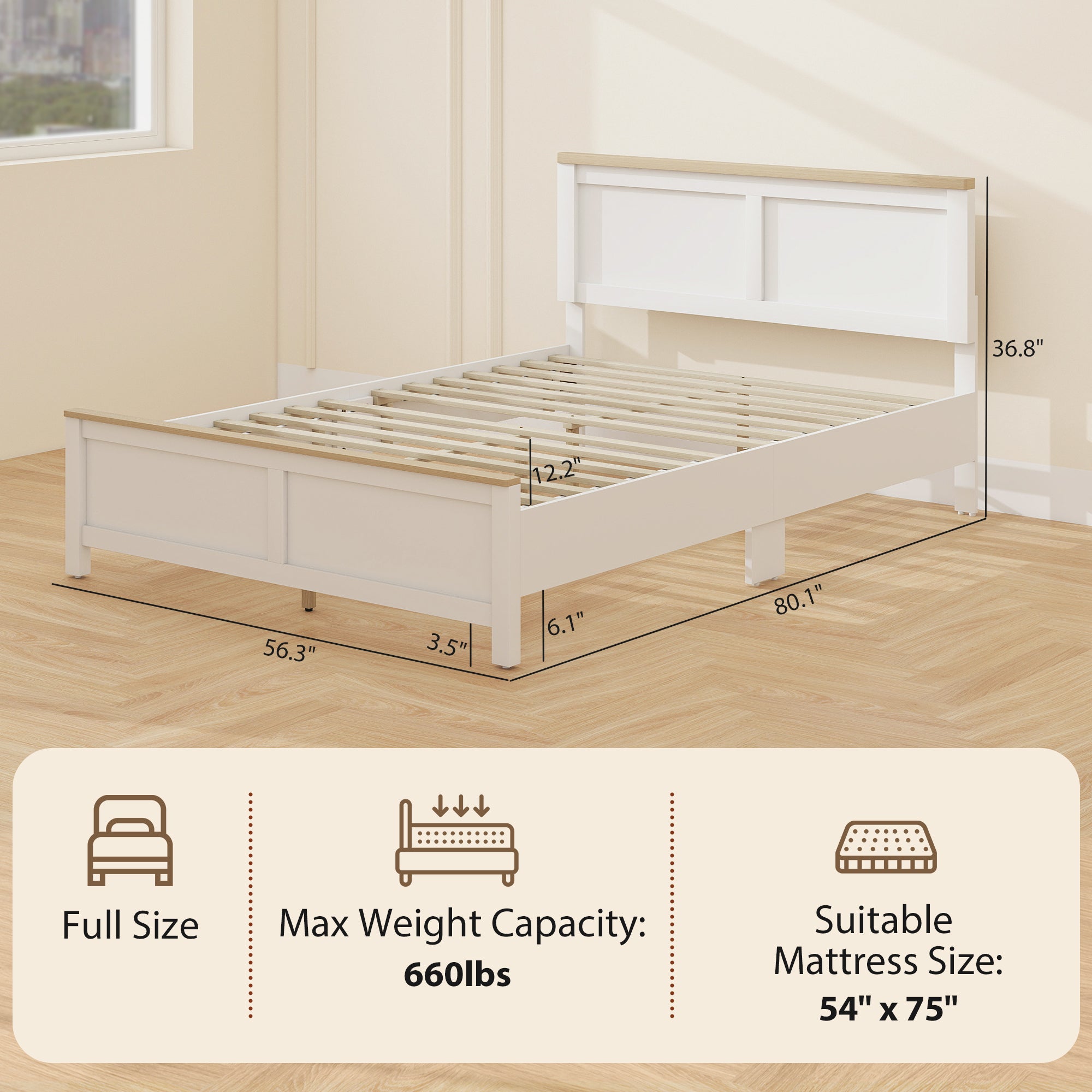 Full Bed Frame with Headboard, Modern Platform Bed Frame with Wooden Slats, No Box Spring Needed, Easy Assembly, White