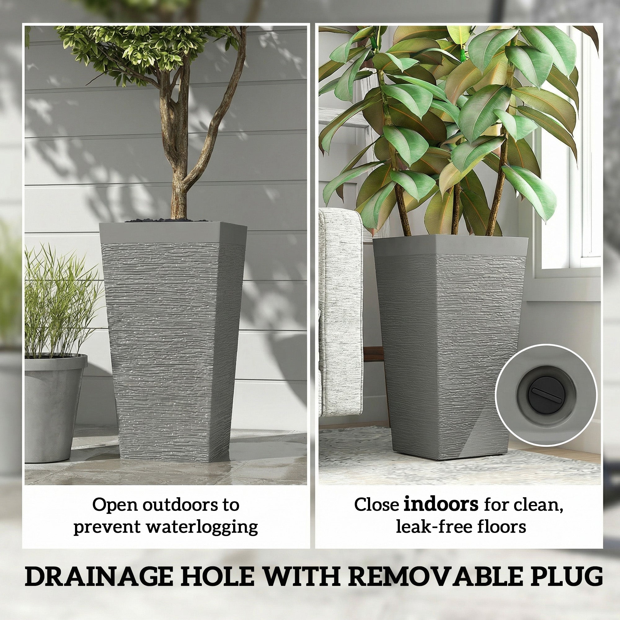 22.8 Inch Set of 3 Outdoor Planters with Stone Finish and Wheels, Stackable Tapered Planters with Drainage Hole, Gray - Gray - Image 8
